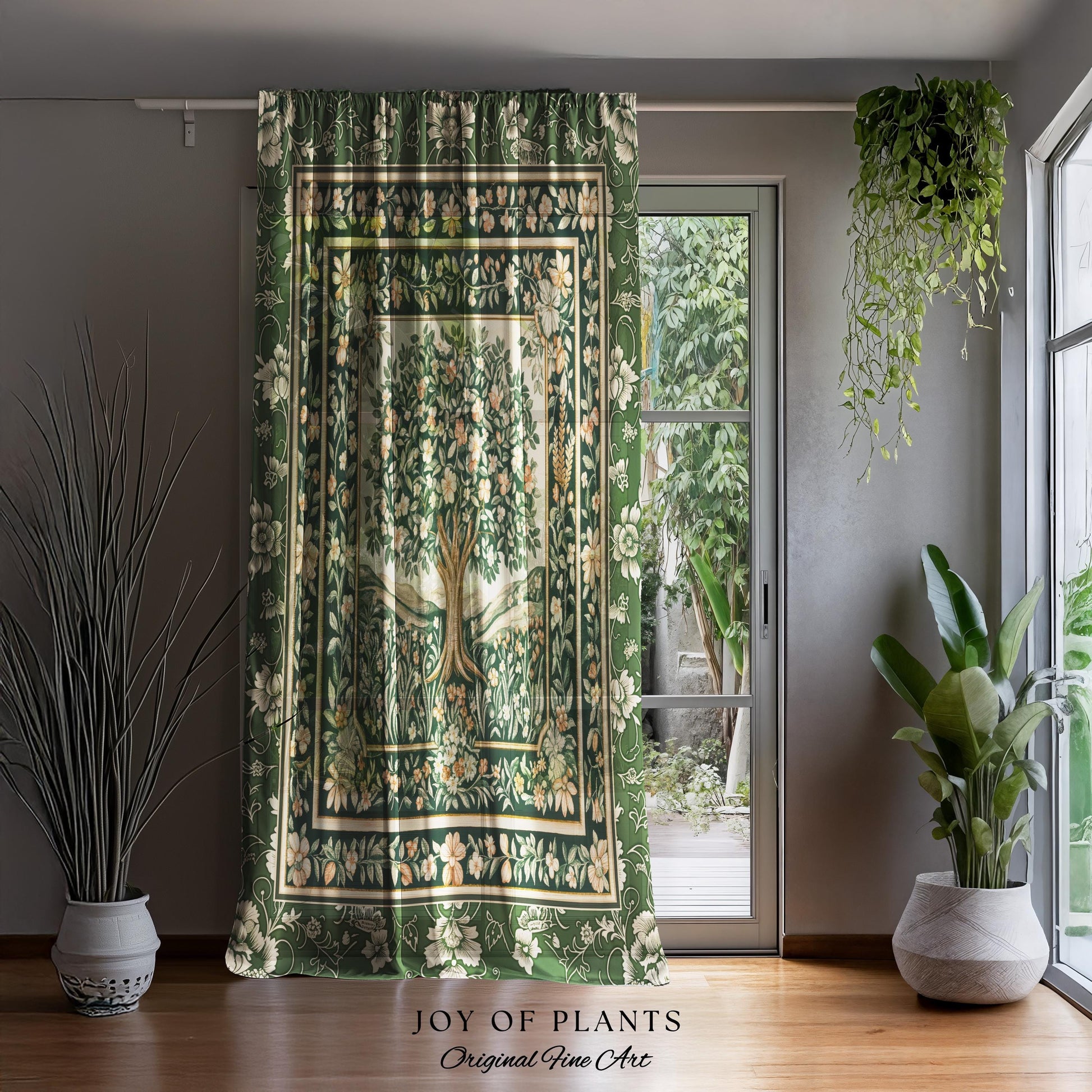 Enchanted Garden Folklore Tree Curtains | Emerald Green Botanical Coquette Floral Accent Forest Theme Drapes Folklore Design Cottagecore |