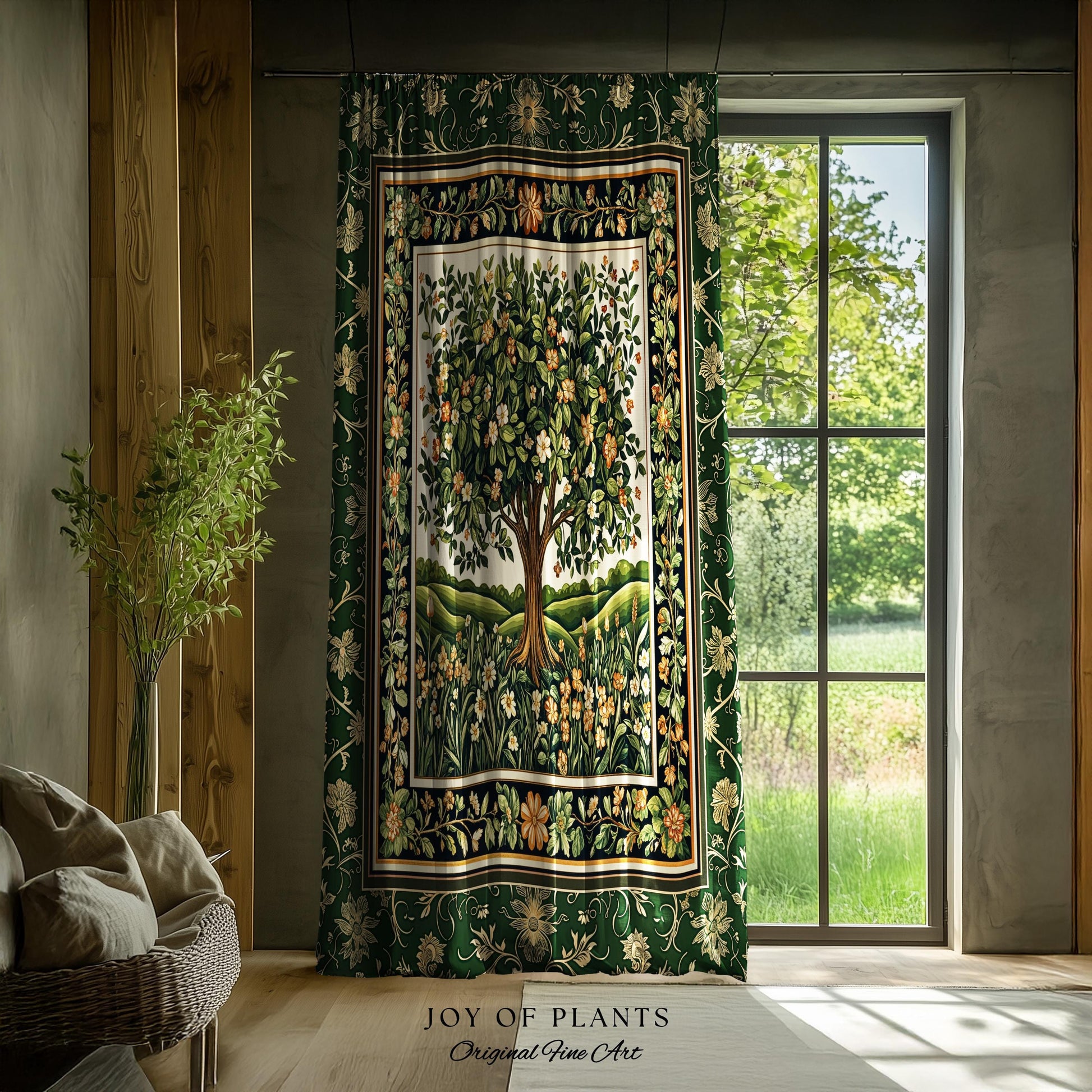 Emerald Green Floral Tree of Life Curtain | Botanical Forestcore Folklore Vintage Floral Enchanted Cottagecore Whimsical Aesthetic Drapes |