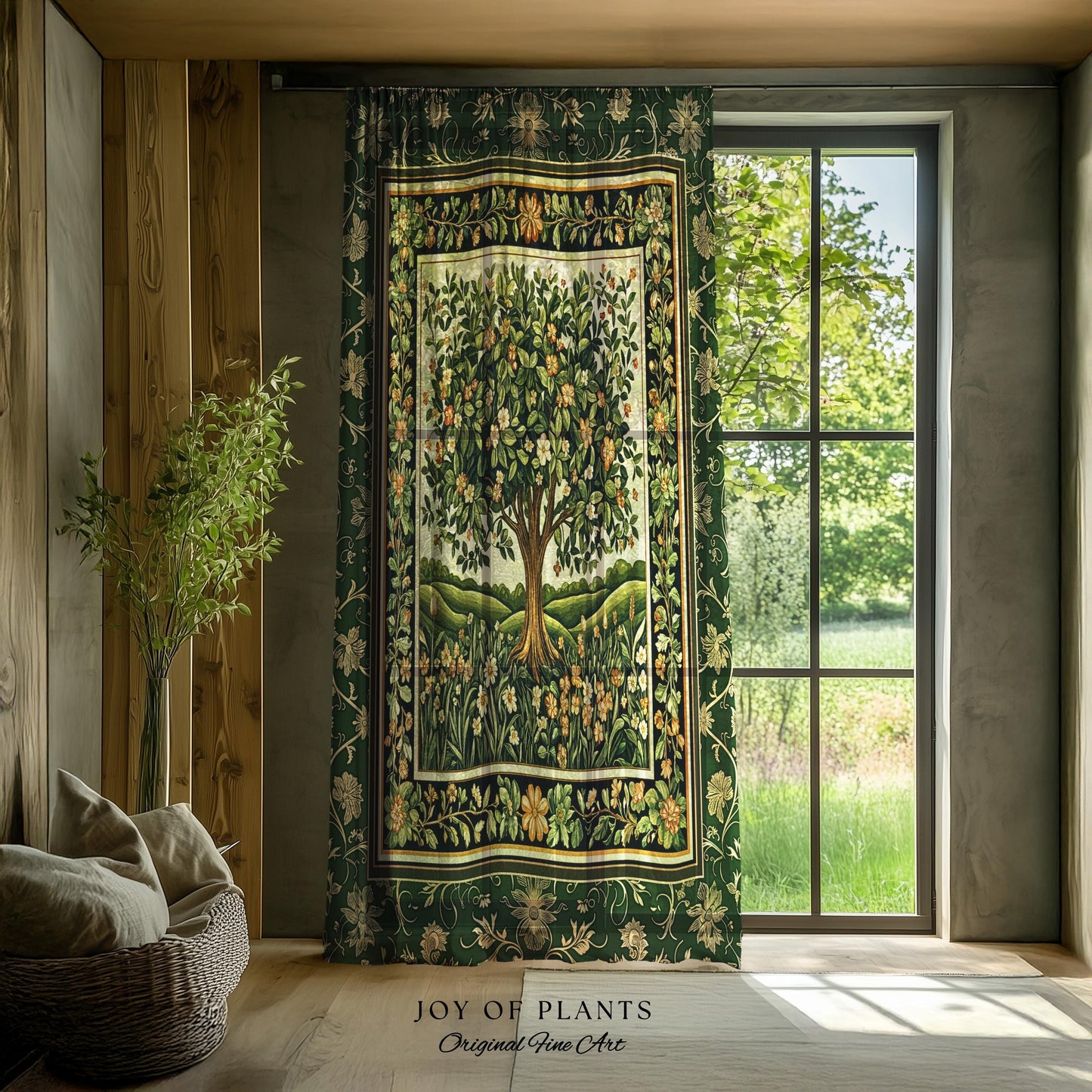Emerald Green Floral Tree of Life Curtain | Botanical Forestcore Folklore Vintage Floral Enchanted Cottagecore Whimsical Aesthetic Drapes |