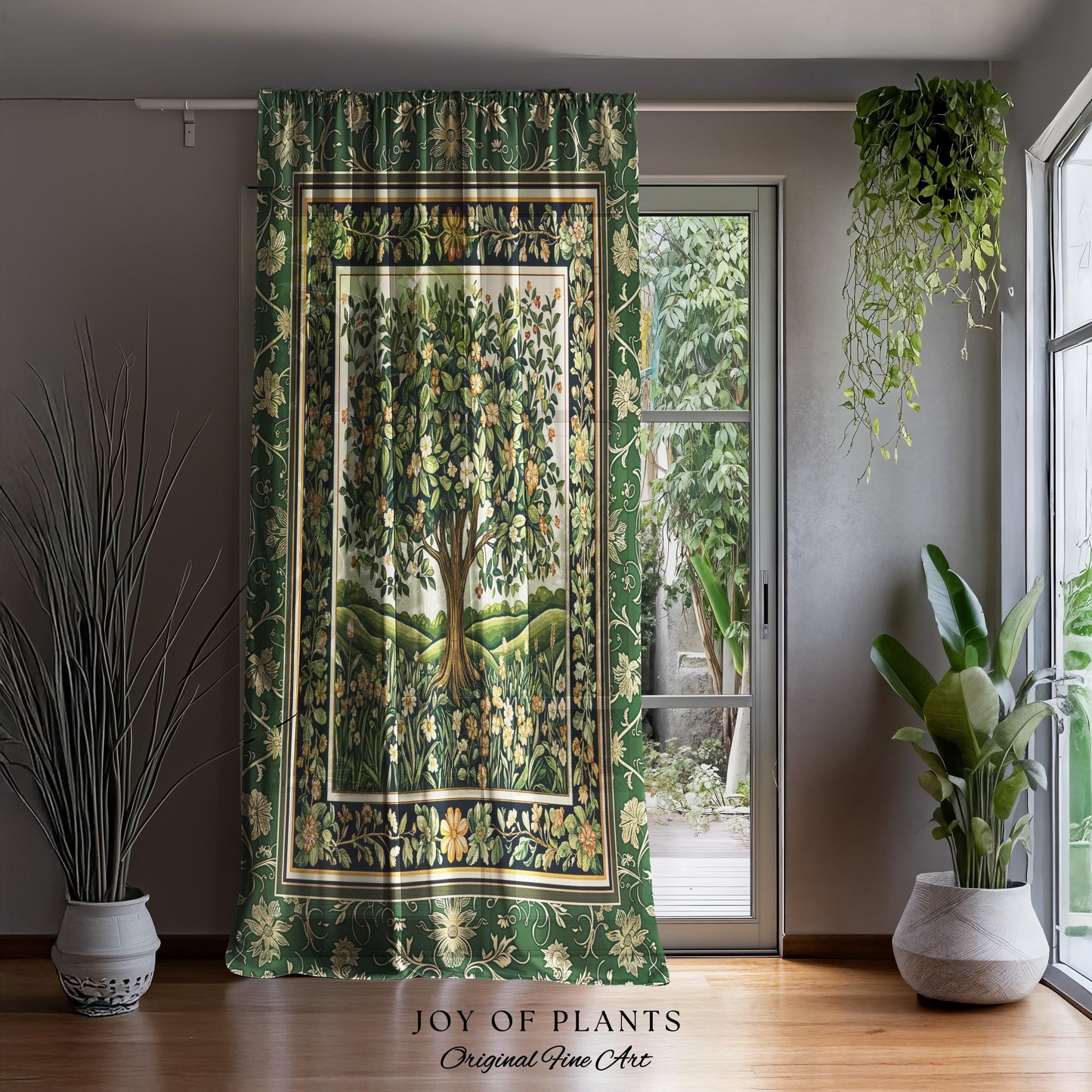 Emerald Green Floral Tree of Life Curtain | Botanical Forestcore Folklore Vintage Floral Enchanted Cottagecore Whimsical Aesthetic Drapes |