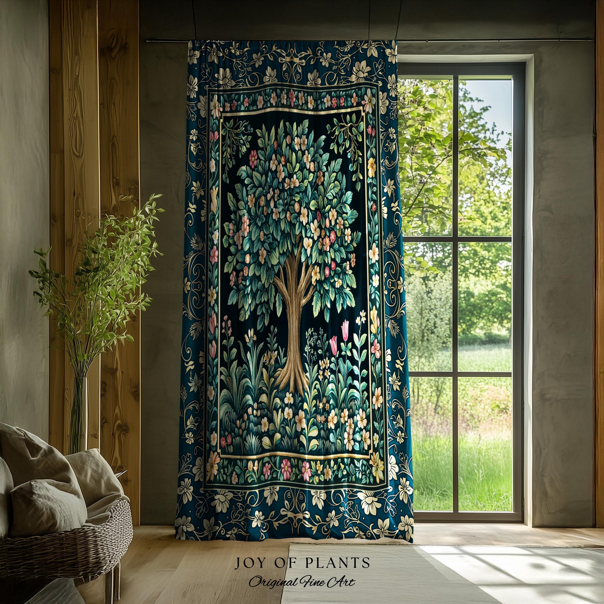 Folklore Forest Storybook Curtains | Enchanted Floral Botanical Cozy Tree Vintage Boho Cottagecore Romantic Nature Aesthetic Classic Drapes