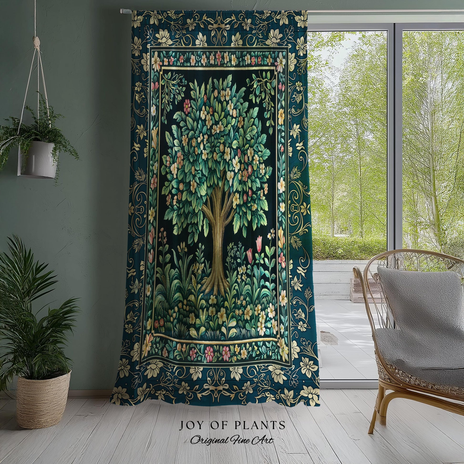 Folklore Forest Storybook Curtains | Enchanted Floral Botanical Cozy Tree Vintage Boho Cottagecore Romantic Nature Aesthetic Classic Drapes