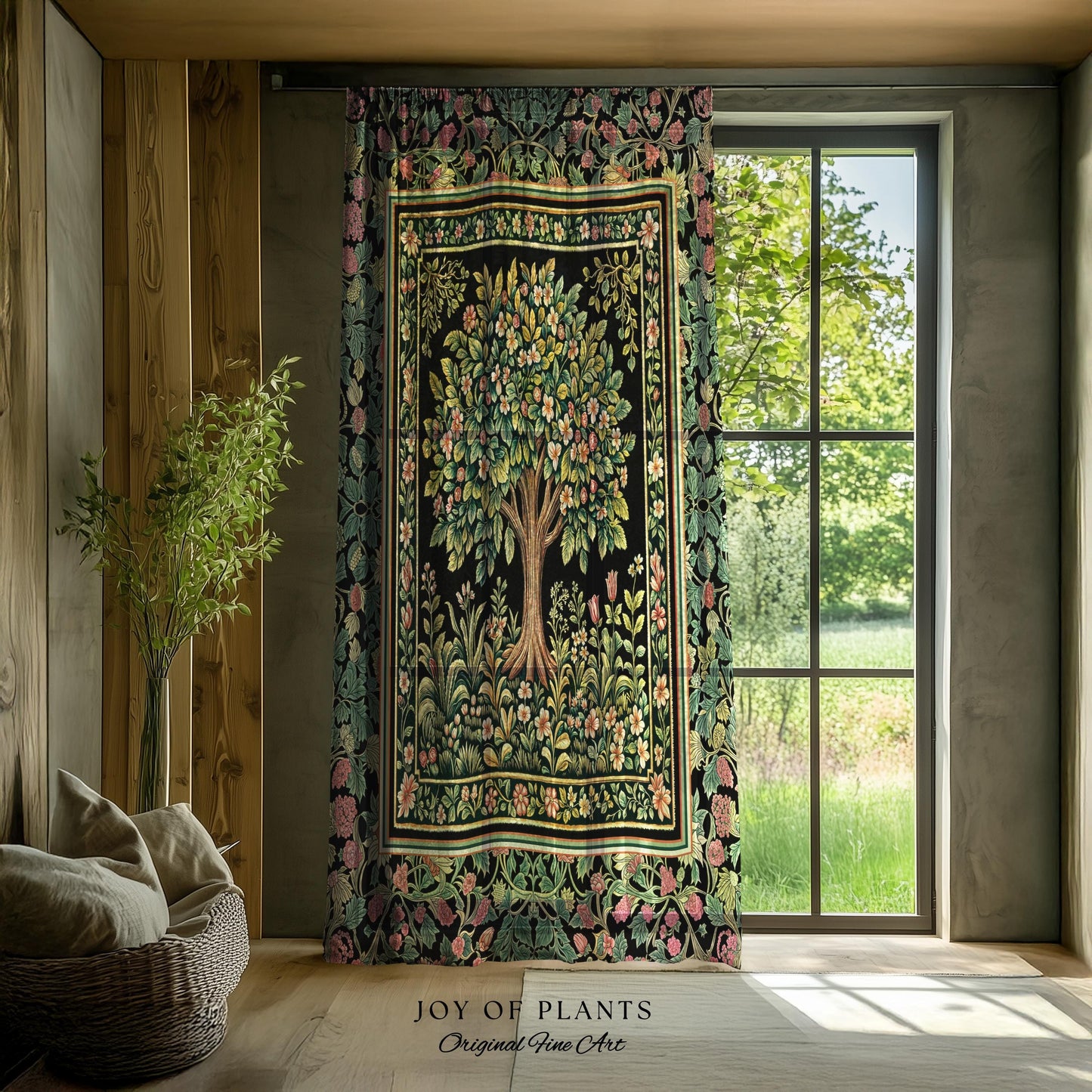 Fairy Garden Tree of Life Curtains | Cottagecore Countryside Romantic Floral Landscape Whimsical Chateau Style Bohemian Botanical Drapes |