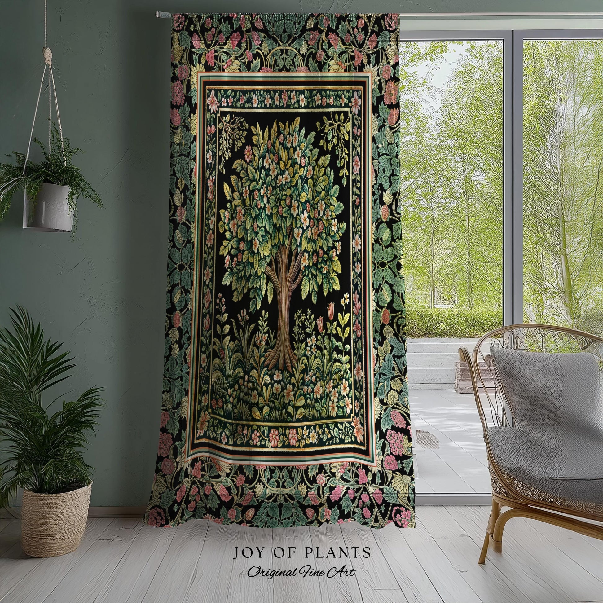 Fairy Garden Tree of Life Curtains | Cottagecore Countryside Romantic Floral Landscape Whimsical Chateau Style Bohemian Botanical Drapes |