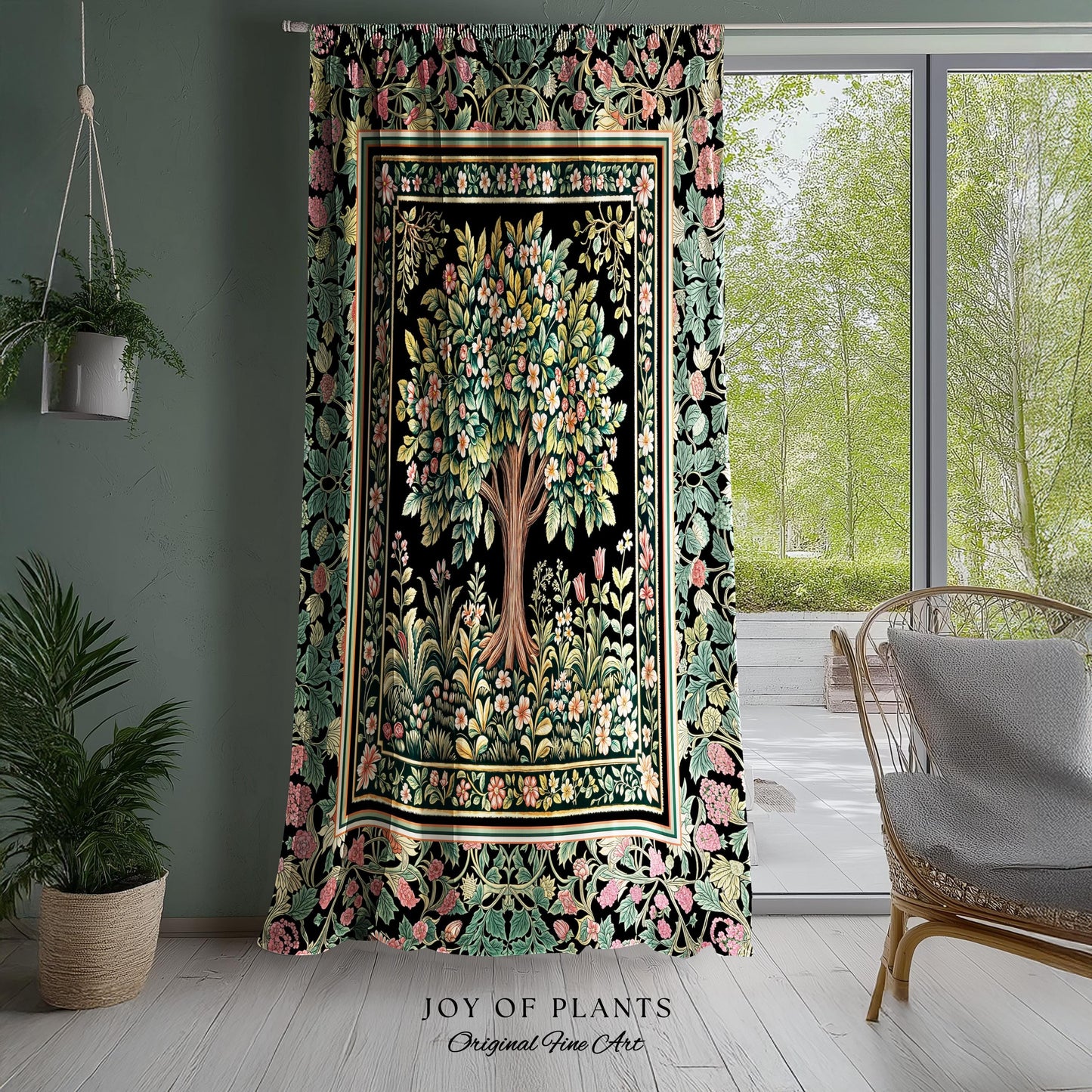 Fairy Garden Tree of Life Curtains | Cottagecore Countryside Romantic Floral Landscape Whimsical Chateau Style Bohemian Botanical Drapes |