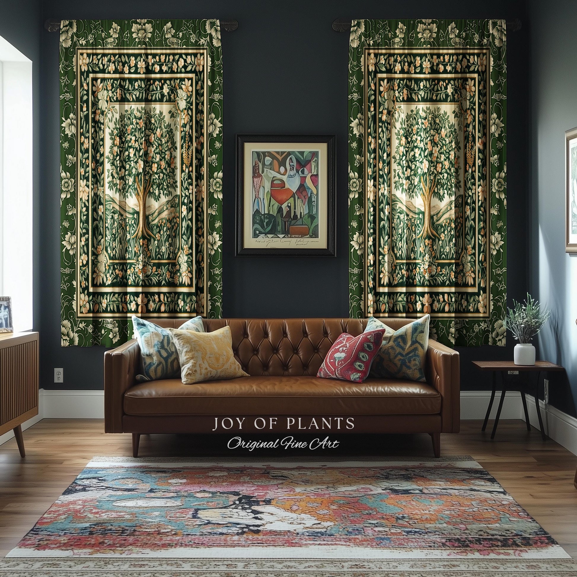 Enchanted Garden Folklore Tree Curtains | Emerald Green Botanical Coquette Floral Accent Forest Theme Drapes Folklore Design Cottagecore |