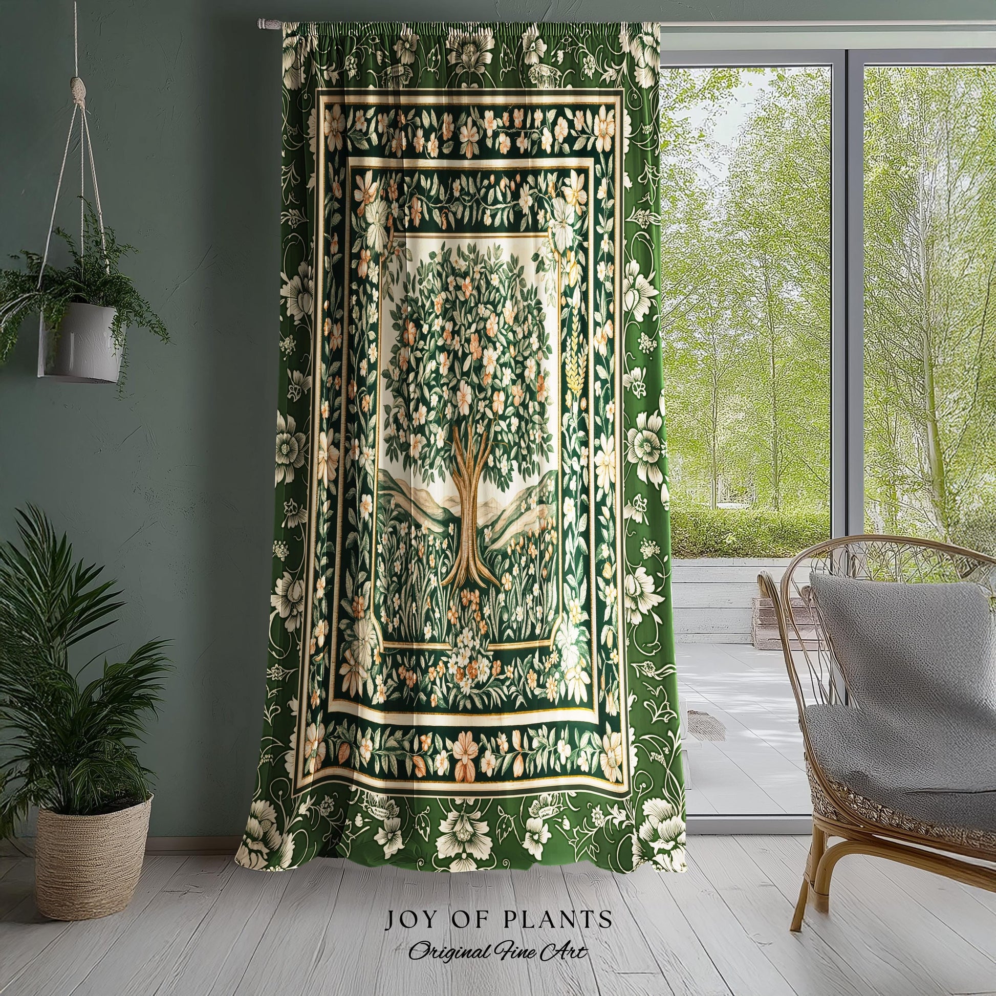 Enchanted Garden Folklore Tree Curtains | Emerald Green Botanical Coquette Floral Accent Forest Theme Drapes Folklore Design Cottagecore |