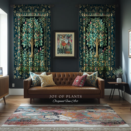 Folklore Forest Storybook Curtains | Enchanted Floral Botanical Cozy Tree Vintage Boho Cottagecore Romantic Nature Aesthetic Classic Drapes