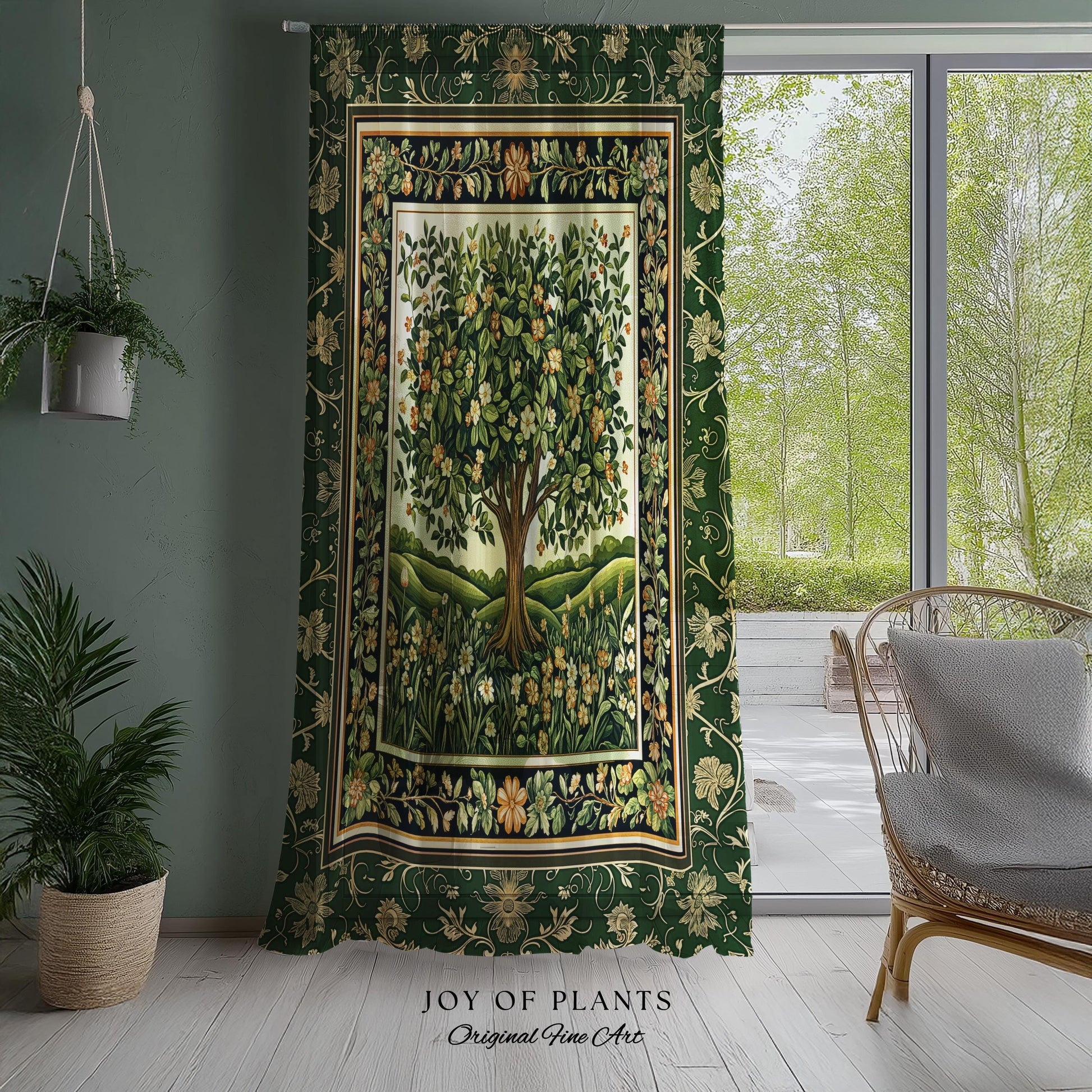 Emerald Green Floral Tree of Life Curtain | Botanical Forestcore Folklore Vintage Floral Enchanted Cottagecore Whimsical Aesthetic Drapes |