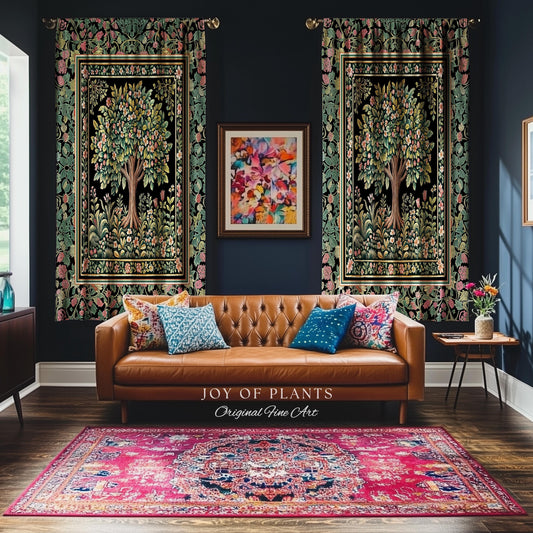 Fairy Garden Tree of Life Curtains | Cottagecore Countryside Romantic Floral Landscape Whimsical Chateau Style Bohemian Botanical Drapes |