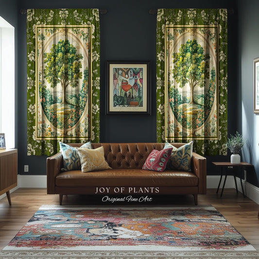 Victorian Soft Aesthetic Tree of Life Drapes | Romantic Botanical Regency Decor Floral Enchanted Forest Accent Green Curtains Cottagecore |