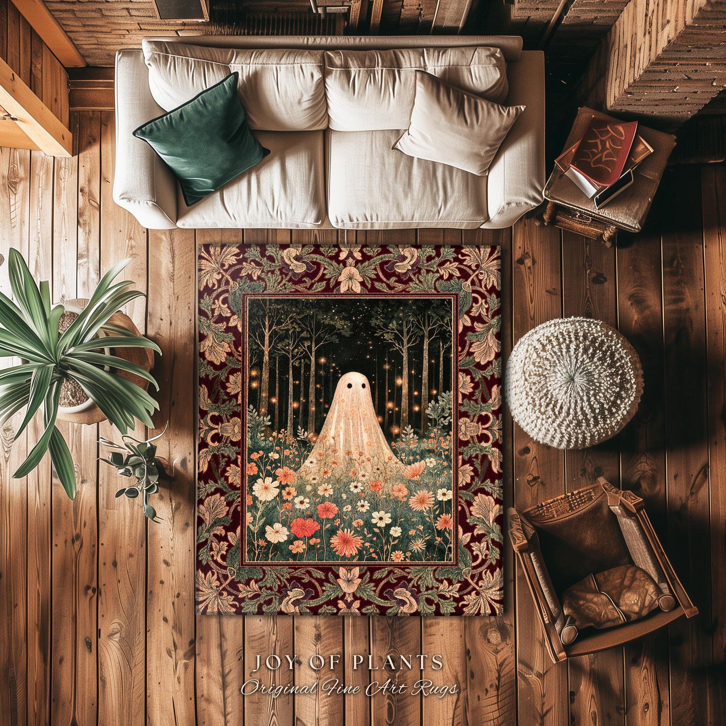 Firefly Forest Ghost Floral Rug | Whimsigoth Spooky Cute Cottagecore Home Decor Accent Decor Botanical Spirit Season Witchy Vintage Nursery
