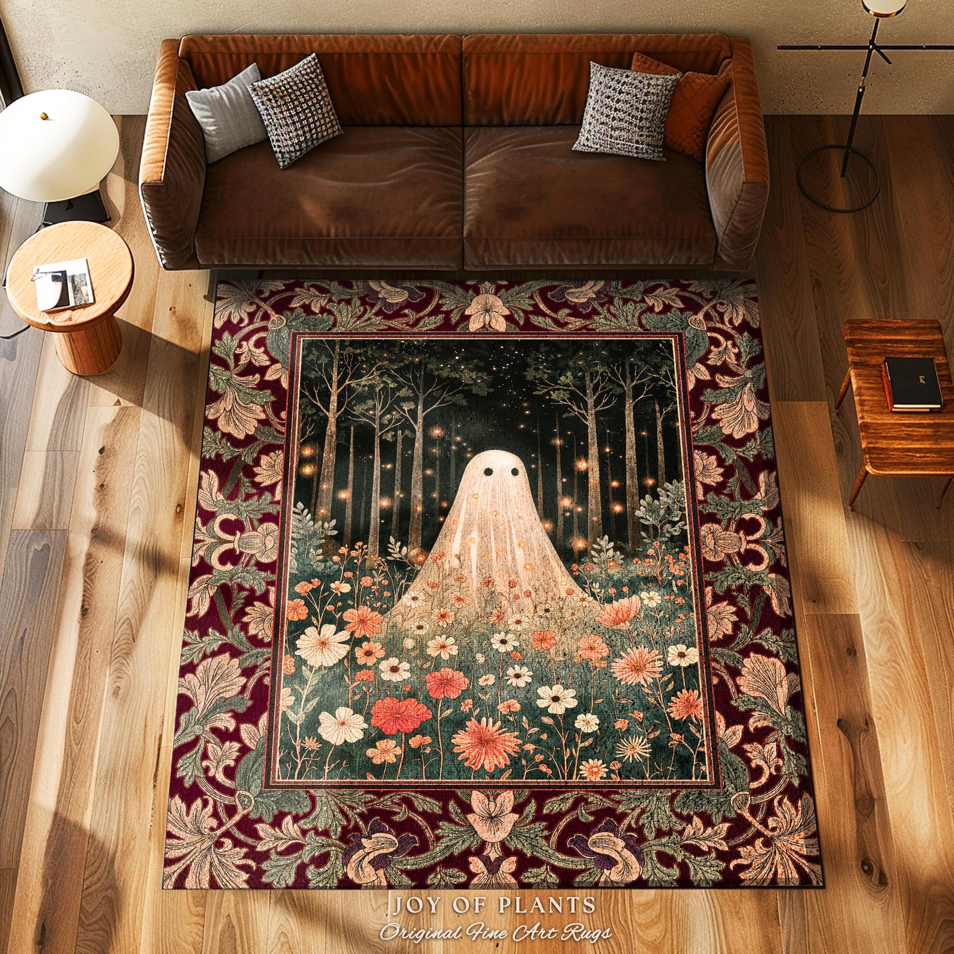 Firefly Forest Ghost Floral Rug | Whimsigoth Spooky Cute Cottagecore Home Decor Accent Decor Botanical Spirit Season Witchy Vintage Nursery