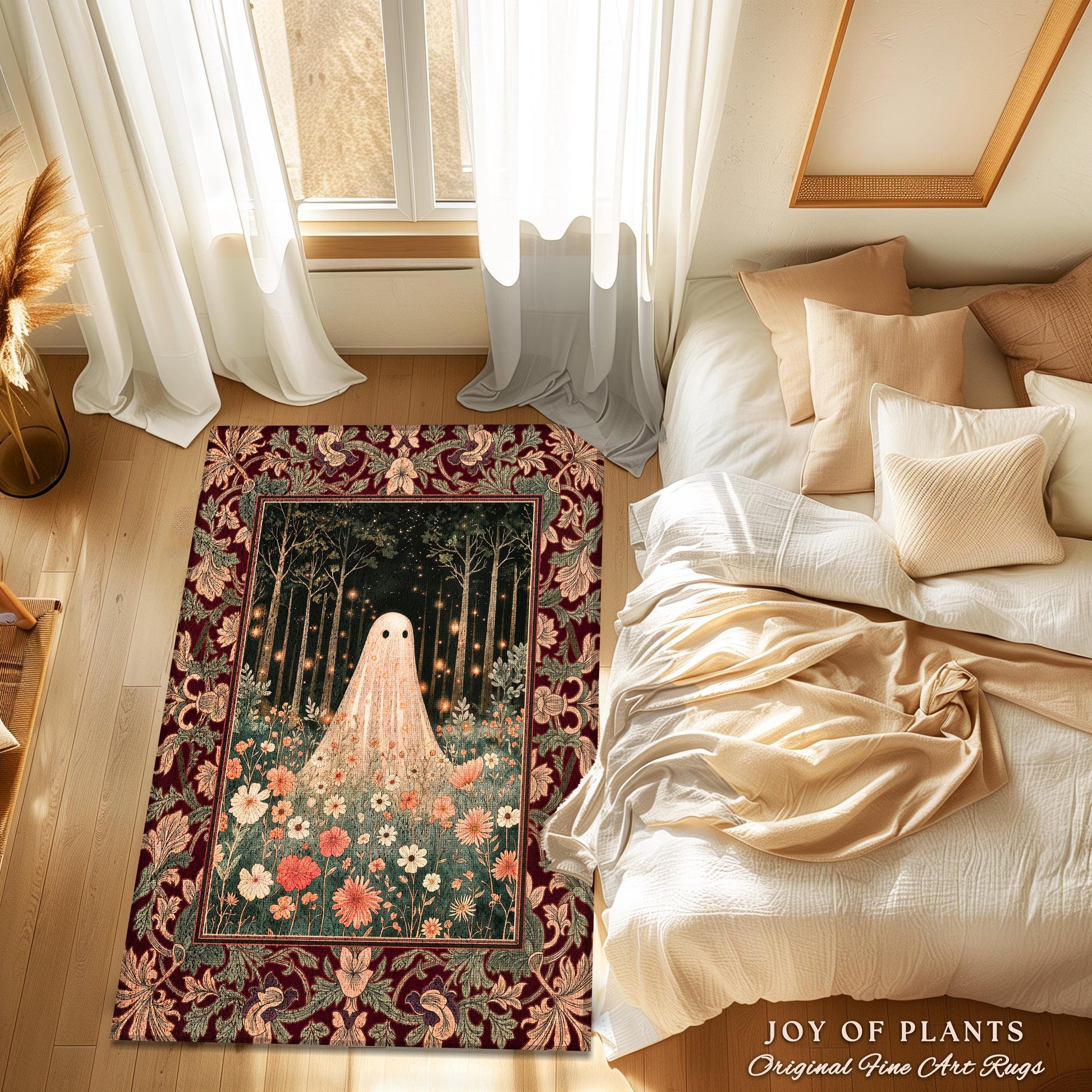 Firefly Forest Ghost Floral Rug | Whimsigoth Spooky Cute Cottagecore Home Decor Accent Decor Botanical Spirit Season Witchy Vintage Nursery