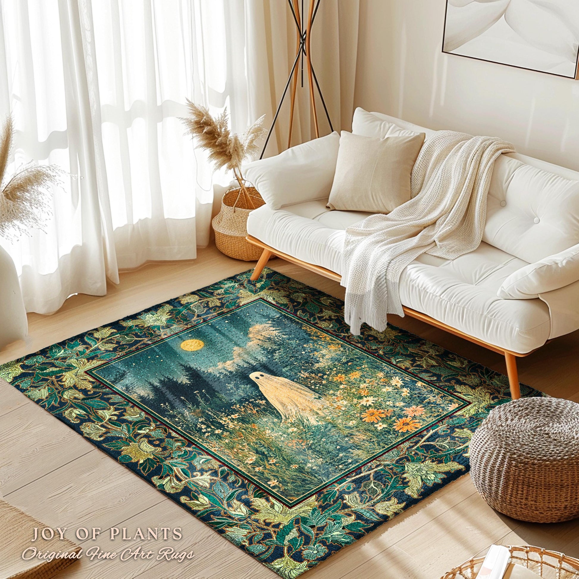 Golden Harvest Moon Ghost Rug | Spooky Vibes Halloween Aesthetic Cute Decor Wildflower Home Decor Cozy Fall Accent Whimsical Botanical Style