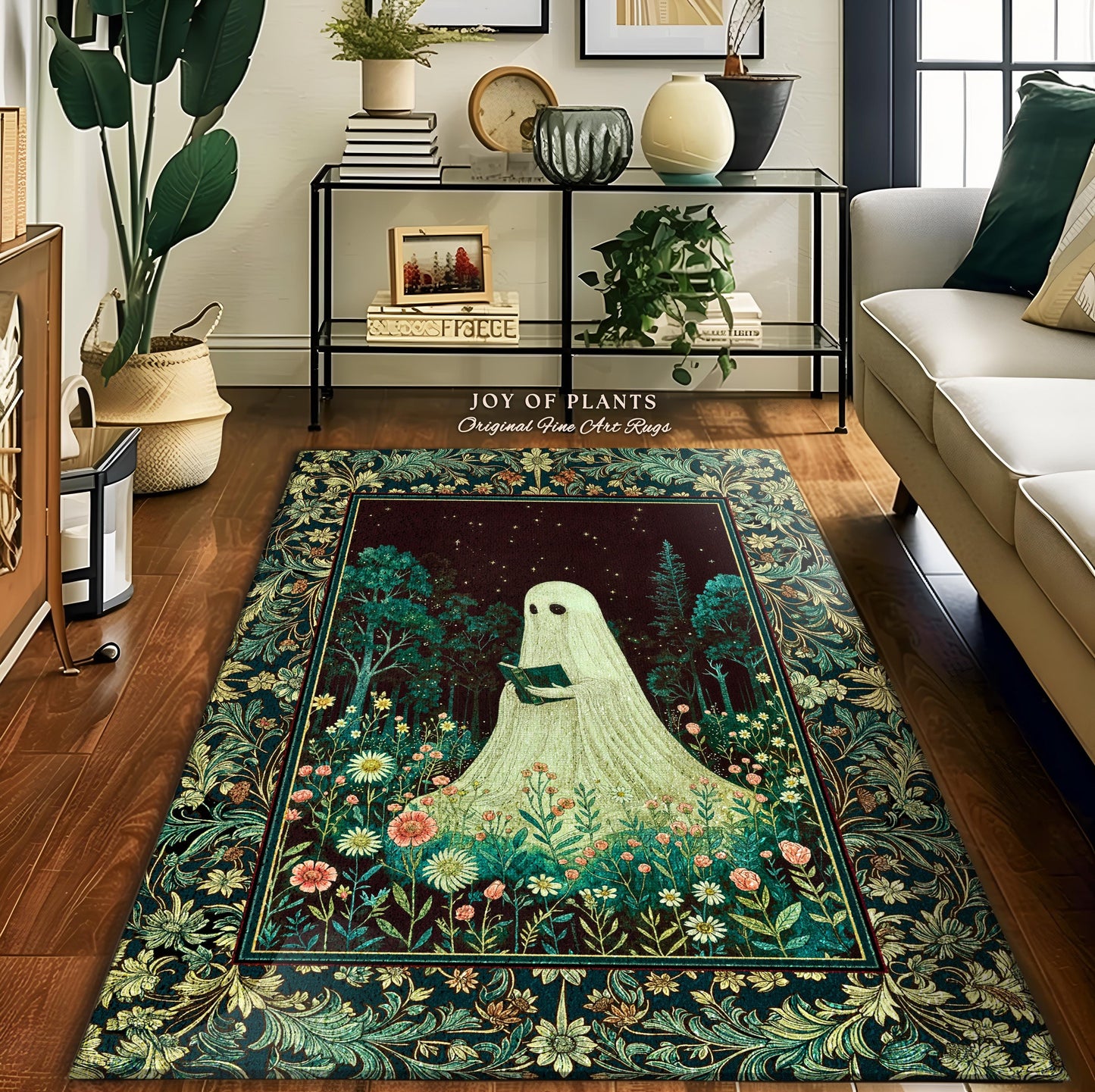 Haunted Book Ghost Accent Rug | Gothic Woven Spooky Cute Decor Halloween Aesthetic Cozy Reading Nook Forest Spirit Botanical Ethereal Style