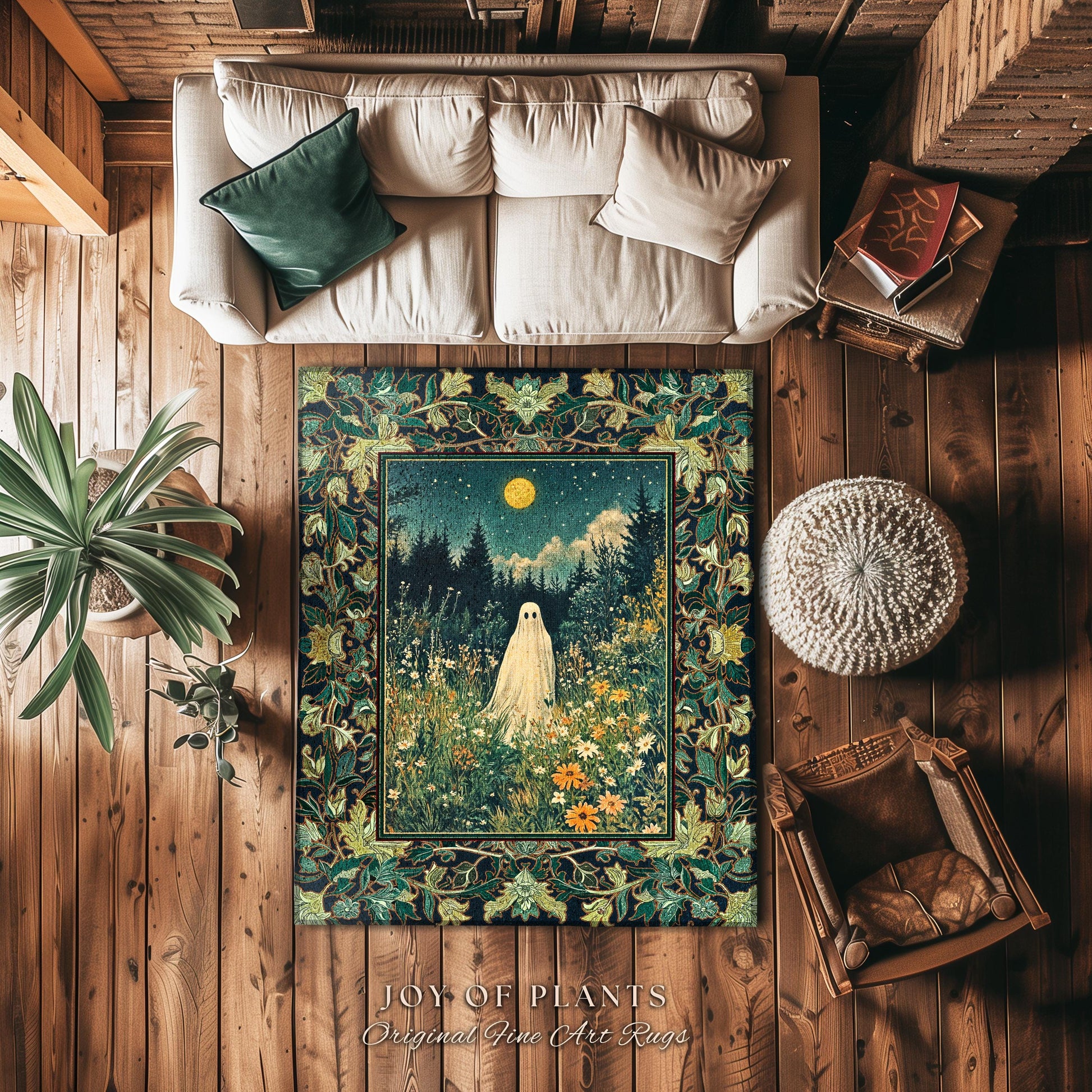 Golden Harvest Moon Ghost Rug | Spooky Vibes Halloween Aesthetic Cute Decor Wildflower Home Decor Cozy Fall Accent Whimsical Botanical Style