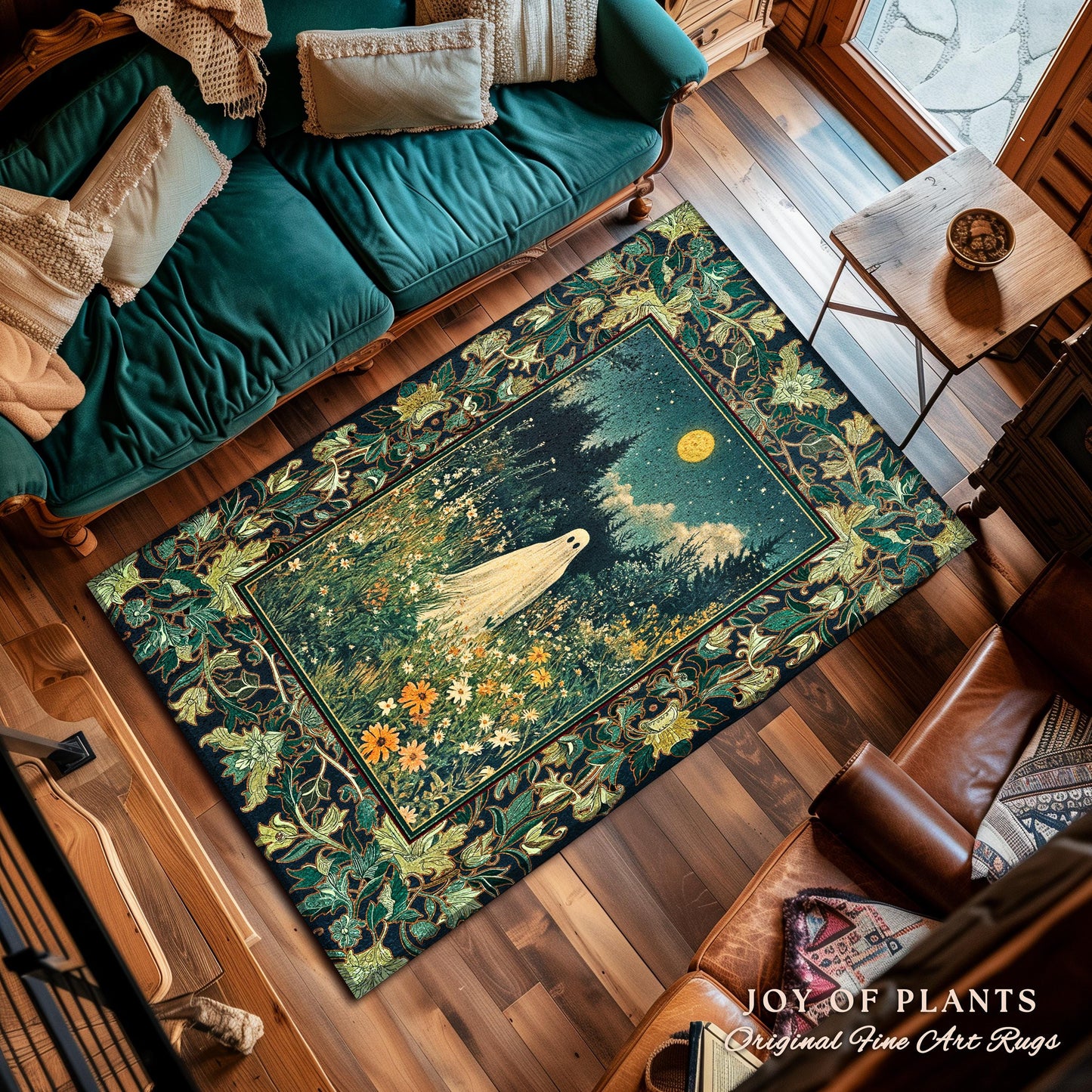 Golden Harvest Moon Ghost Rug | Spooky Vibes Halloween Aesthetic Cute Decor Wildflower Home Decor Cozy Fall Accent Whimsical Botanical Style