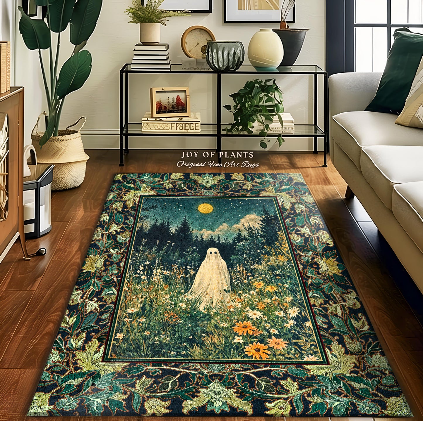 Golden Harvest Moon Ghost Rug | Spooky Vibes Halloween Aesthetic Cute Decor Wildflower Home Decor Cozy Fall Accent Whimsical Botanical Style