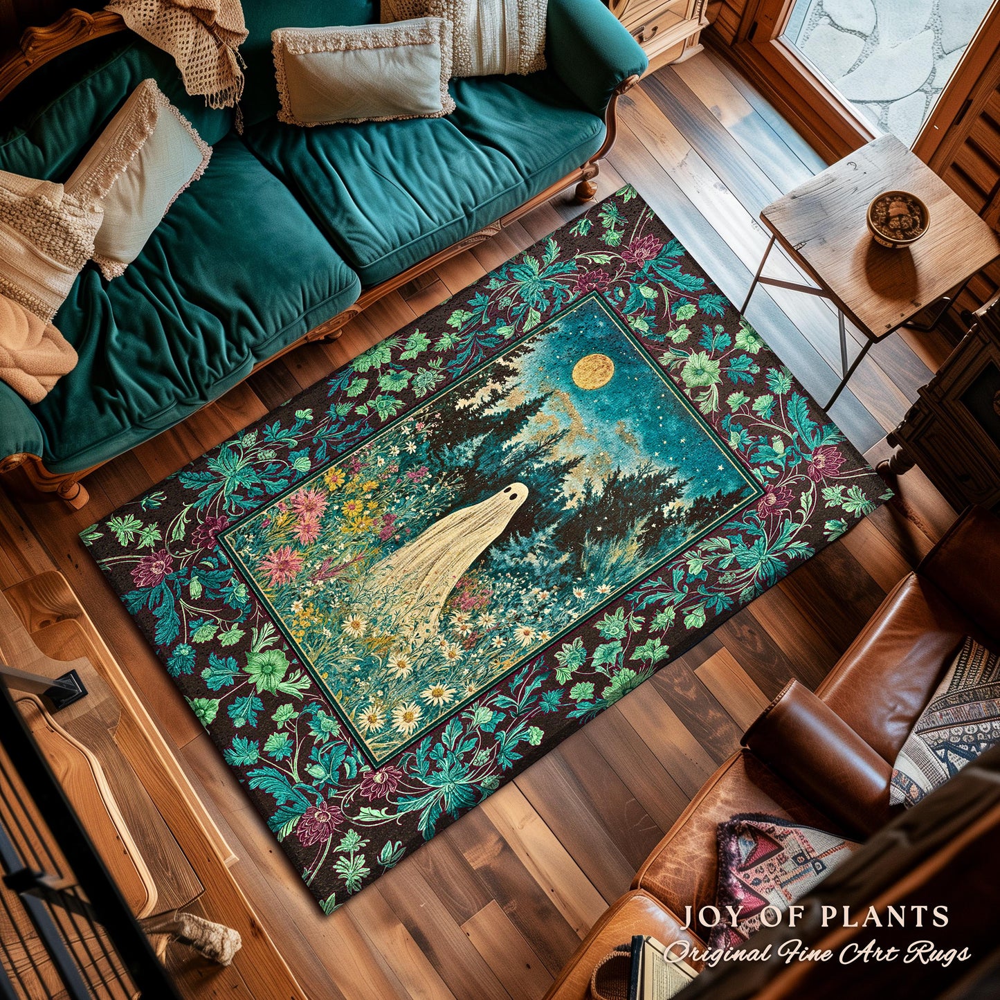 Ghostly Enchantment Wildflower Ghost Rug | Harvest Moon Celestial Magic Gothic Accent Whimsical Cozy Home Decor Botanical Witchy Moonight |
