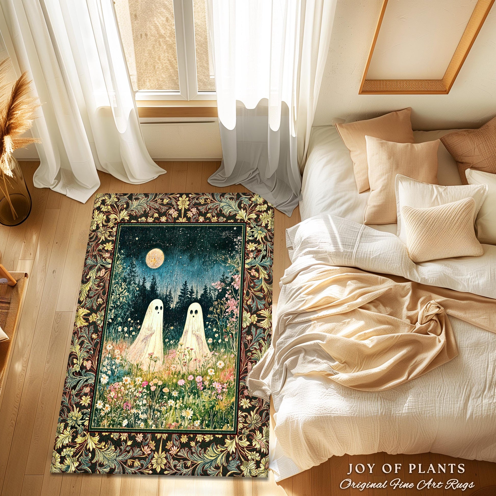 Autumn Spirits Lunar Meadow Ghost Rug | Dark Spirit Accent Spooky Season Cottagecore Decor Gothic Enchantment Floral Blanket Woodland Fairy