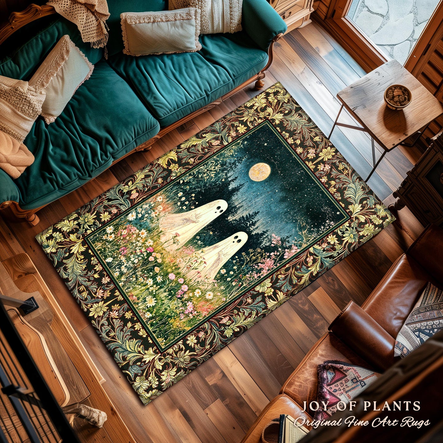 Autumn Spirits Lunar Meadow Ghost Rug | Dark Spirit Accent Spooky Season Cottagecore Decor Gothic Enchantment Floral Blanket Woodland Fairy