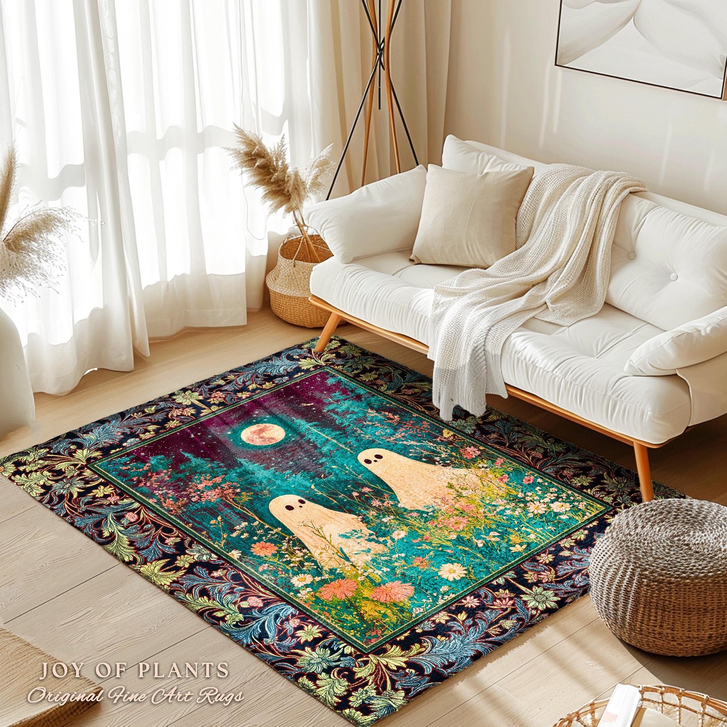 Eclectic Moonlit Wildflower Spirit Rug | Starry Sky Home Accent Ghost Halloween Decor Autumn Whimsical Floral Gothic Garden Throw Celestial