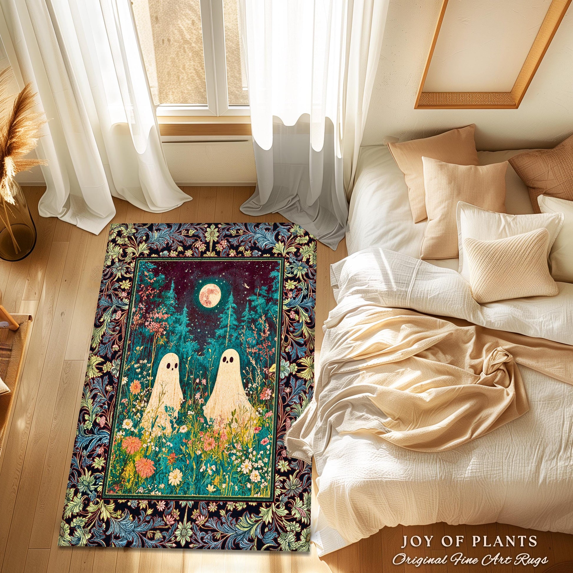 Eclectic Moonlit Wildflower Spirit Rug | Starry Sky Home Accent Ghost Halloween Decor Autumn Whimsical Floral Gothic Garden Throw Celestial
