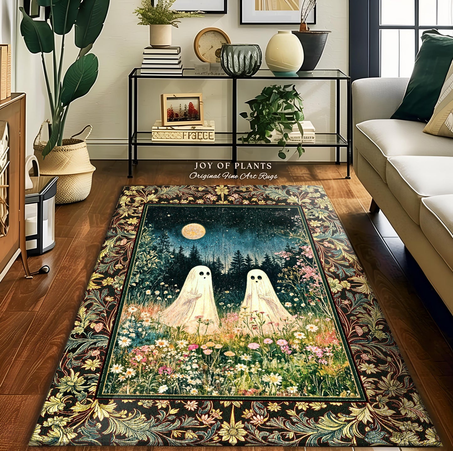 Autumn Spirits Lunar Meadow Ghost Rug | Dark Spirit Accent Spooky Season Cottagecore Decor Gothic Enchantment Floral Blanket Woodland Fairy