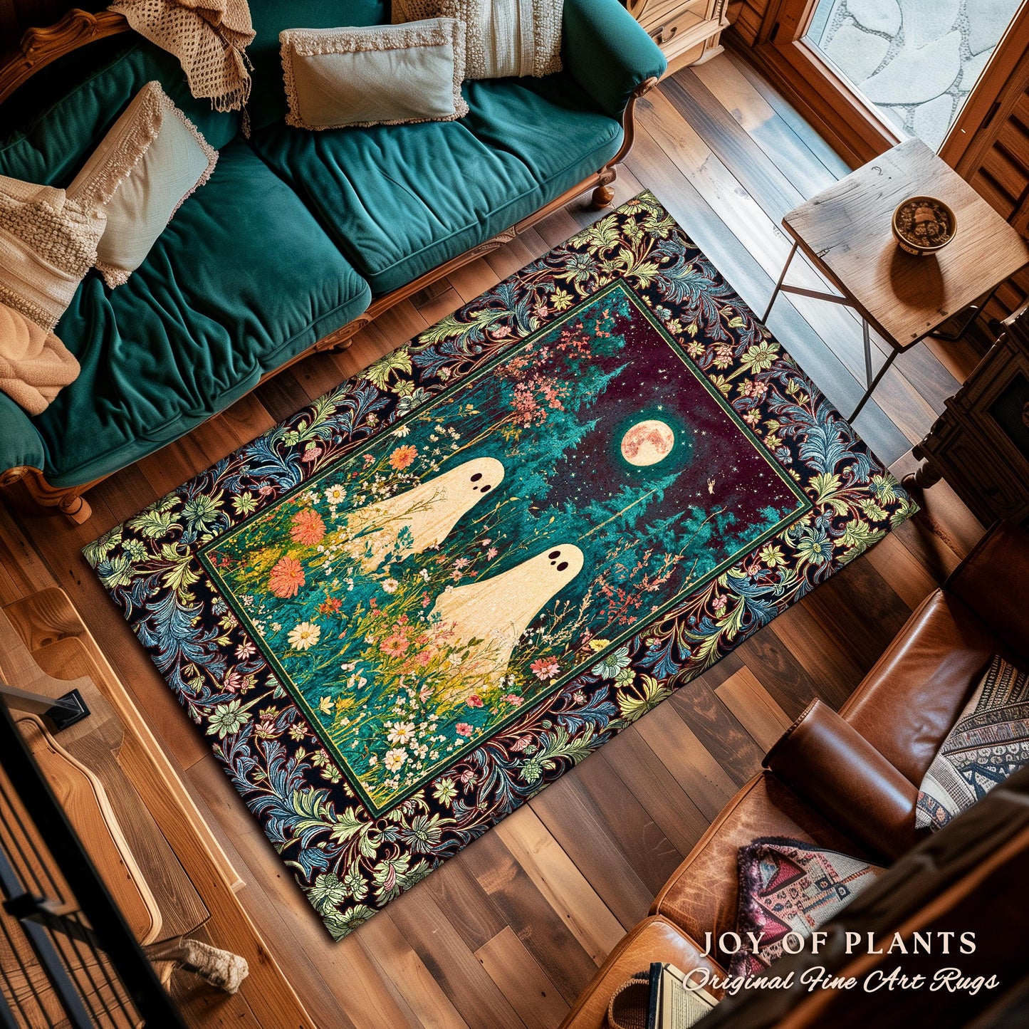 Eclectic Moonlit Wildflower Spirit Rug | Starry Sky Home Accent Ghost Halloween Decor Autumn Whimsical Floral Gothic Garden Throw Celestial
