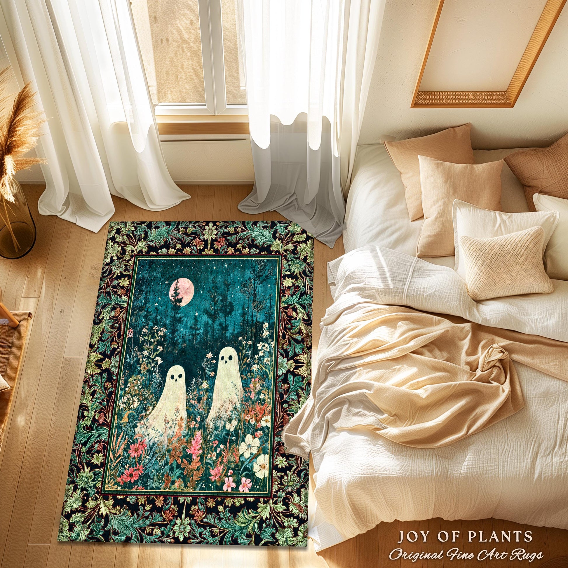 Ghost Friends Wildflower Moon Area Rug | Cute Whimsigothic Decoration Spooky Vibes Haunted Forest Cottagecore Decor Artistic Botanical Cozy