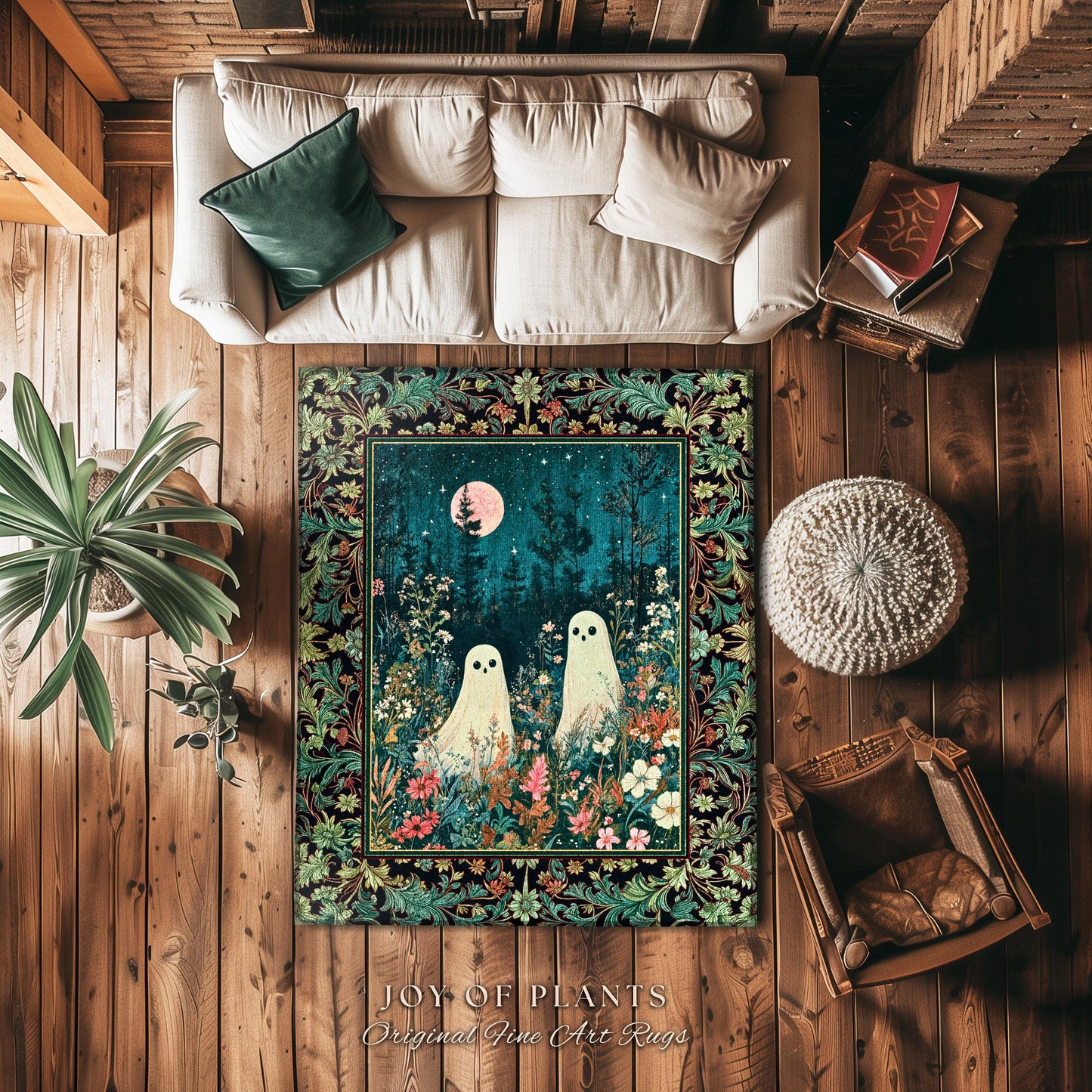 Ghost Friends Wildflower Moon Area Rug | Cute Whimsigothic Decoration Spooky Vibes Haunted Forest Cottagecore Decor Artistic Botanical Cozy