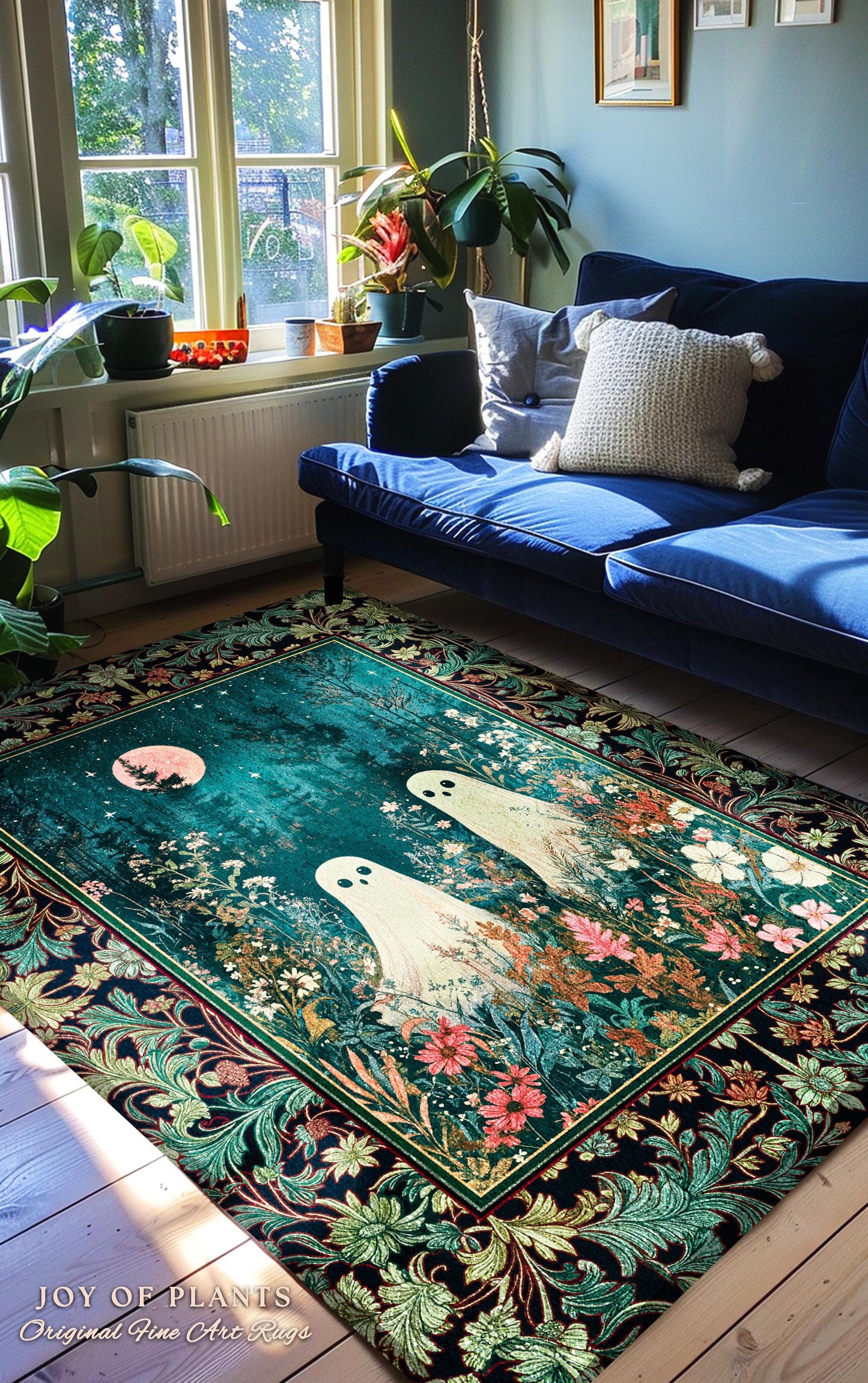 Ghost Friends Wildflower Moon Area Rug | Cute Whimsigothic Decoration Spooky Vibes Haunted Forest Cottagecore Decor Artistic Botanical Cozy
