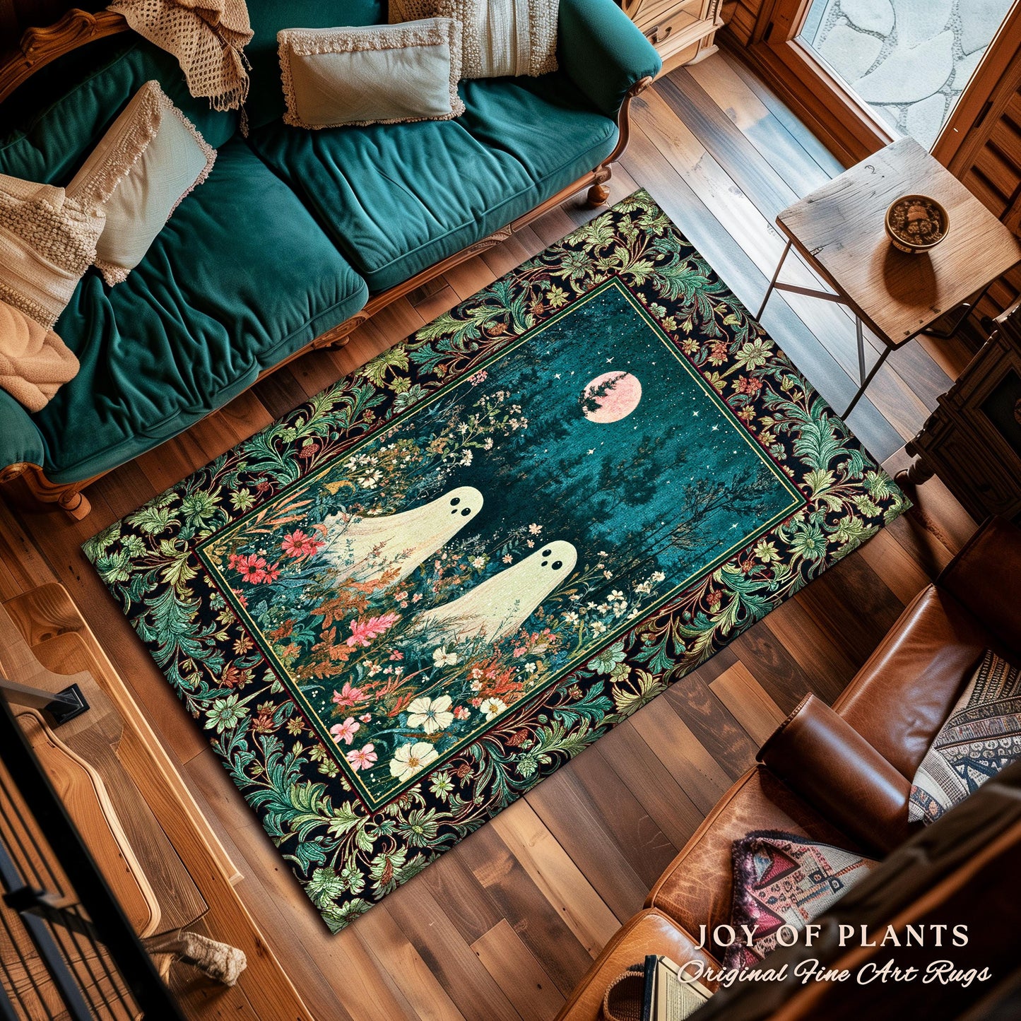 Ghost Friends Wildflower Moon Area Rug | Cute Whimsigothic Decoration Spooky Vibes Haunted Forest Cottagecore Decor Artistic Botanical Cozy