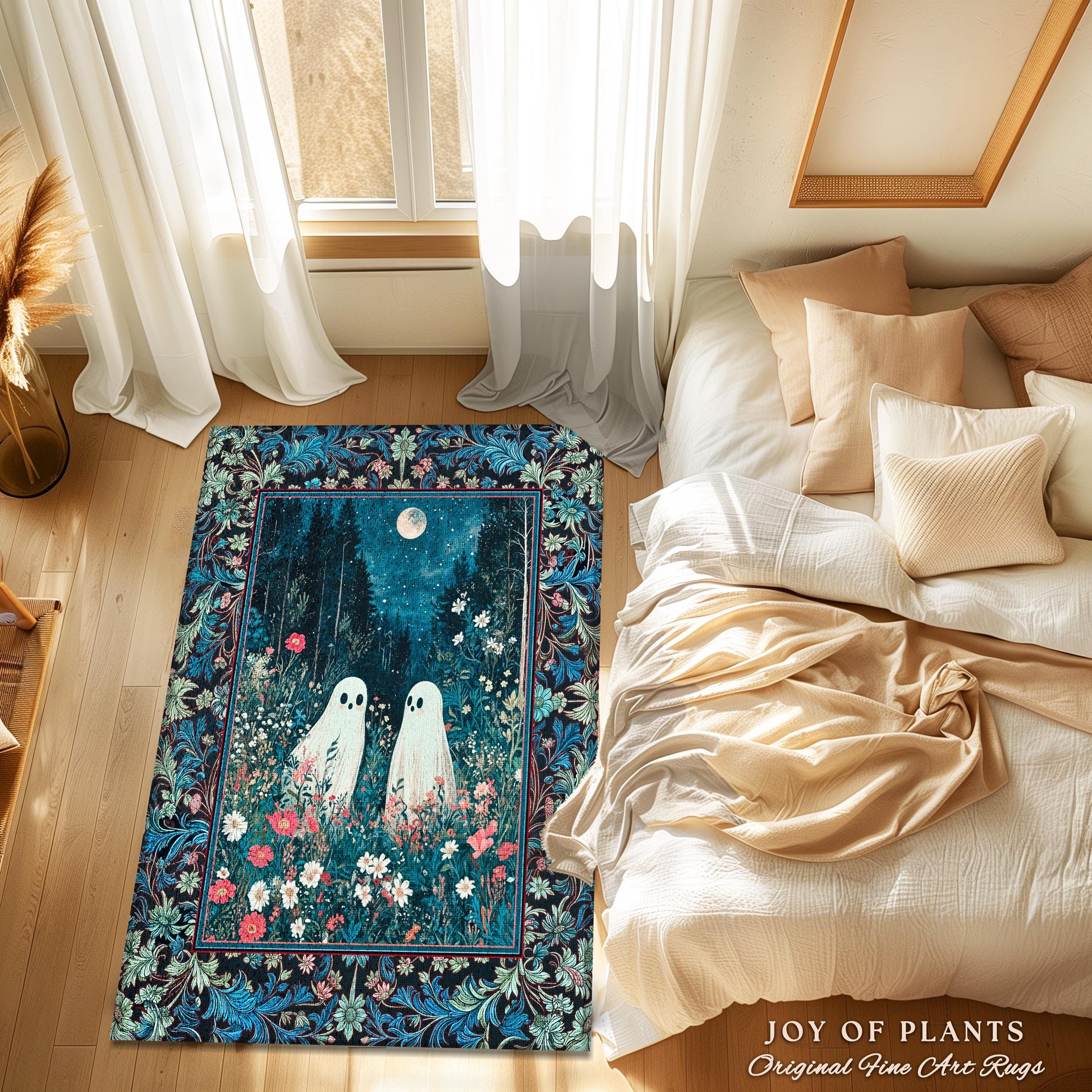 Moody Midnight Blue Ghosts Area Rug | Woven Cottagecore Halloween Floral Ghost Witchy Accent Cozy Fall Gothic Home Decor Moonlit Forest Art