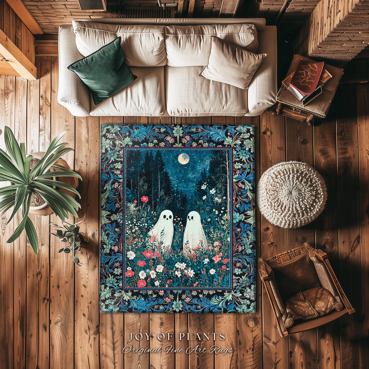 Moody Midnight Blue Ghosts Area Rug | Woven Cottagecore Halloween Floral Ghost Witchy Accent Cozy Fall Gothic Home Decor Moonlit Forest Art