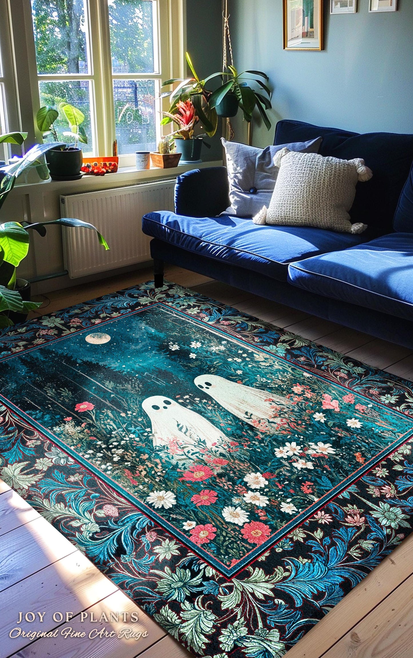 Moody Midnight Blue Ghosts Area Rug | Woven Cottagecore Halloween Floral Ghost Witchy Accent Cozy Fall Gothic Home Decor Moonlit Forest Art