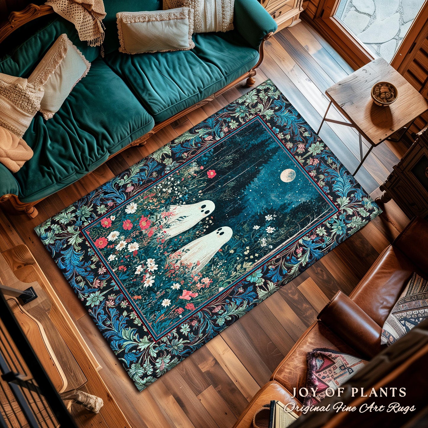 Moody Midnight Blue Ghosts Area Rug | Woven Cottagecore Halloween Floral Ghost Witchy Accent Cozy Fall Gothic Home Decor Moonlit Forest Art