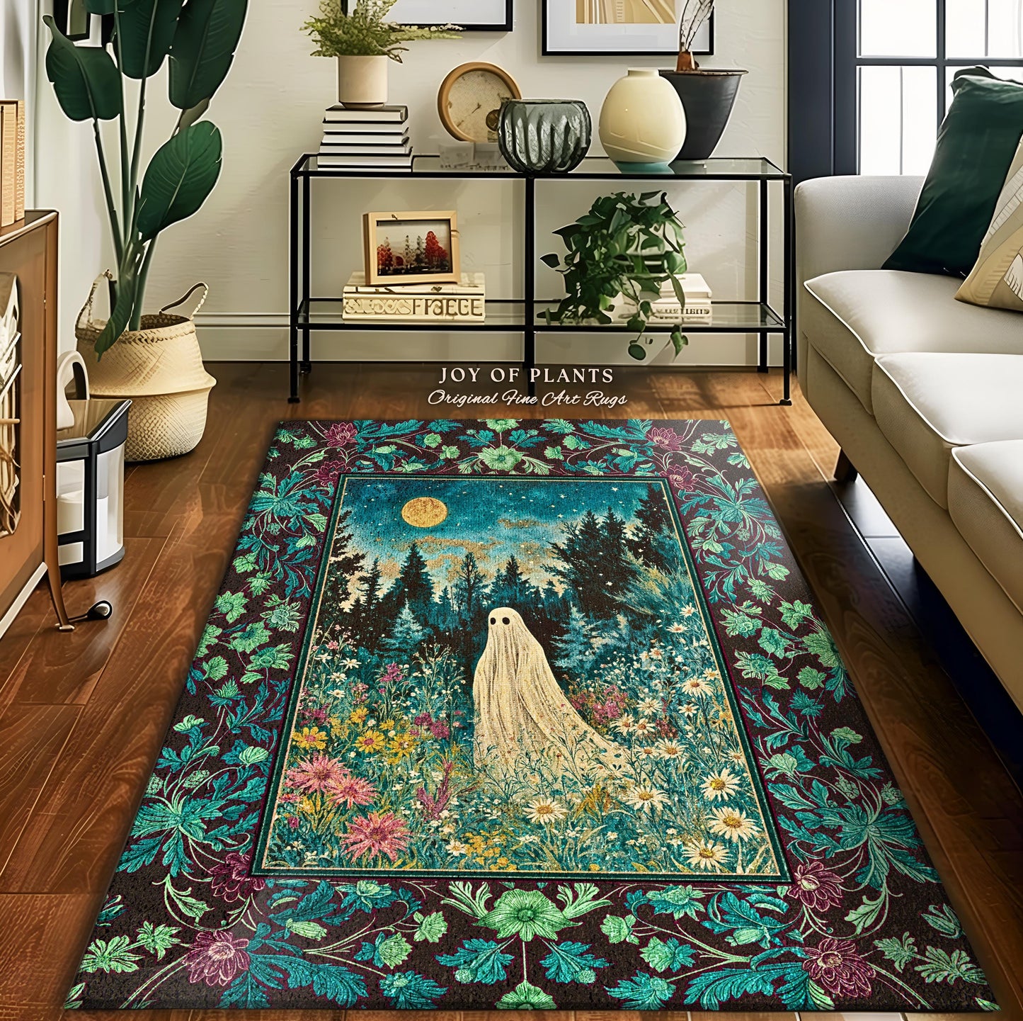 Ghostly Enchantment Wildflower Ghost Rug | Harvest Moon Celestial Magic Gothic Accent Whimsical Cozy Home Decor Botanical Witchy Moonight |