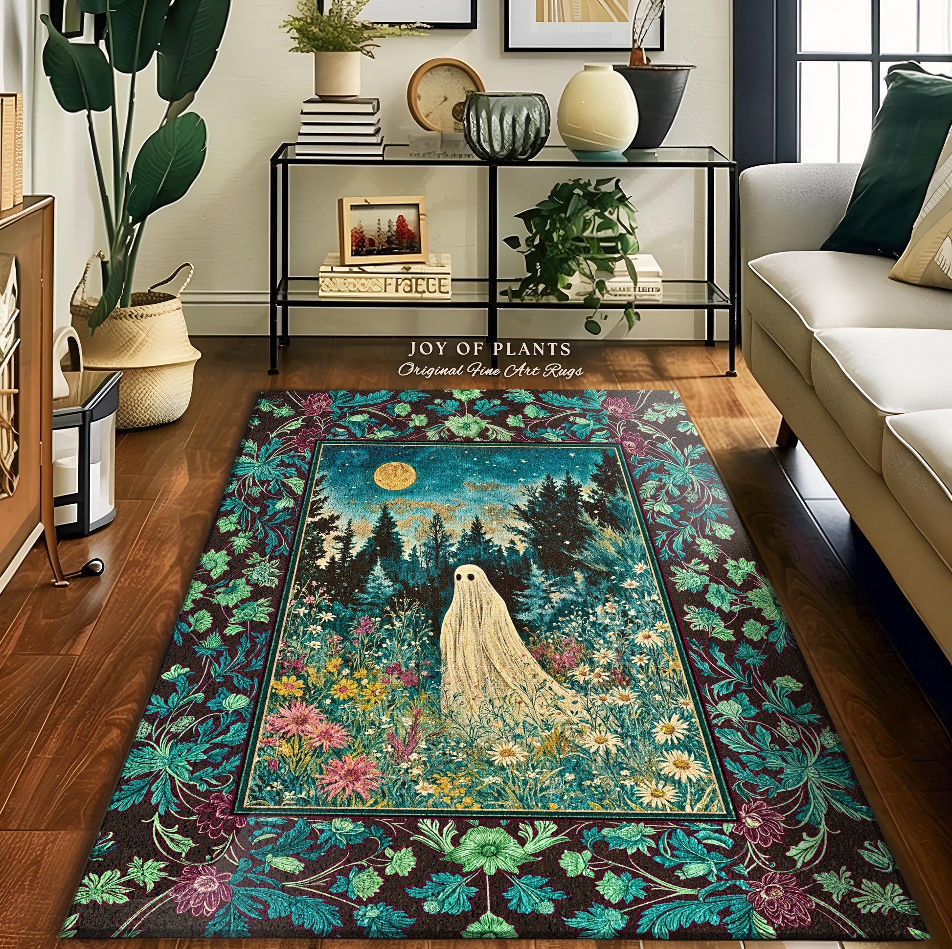 Ghostly Enchantment Wildflower Ghost Rug | Harvest Moon Celestial Magic Gothic Accent Whimsical Cozy Home Decor Botanical Witchy Moonight |