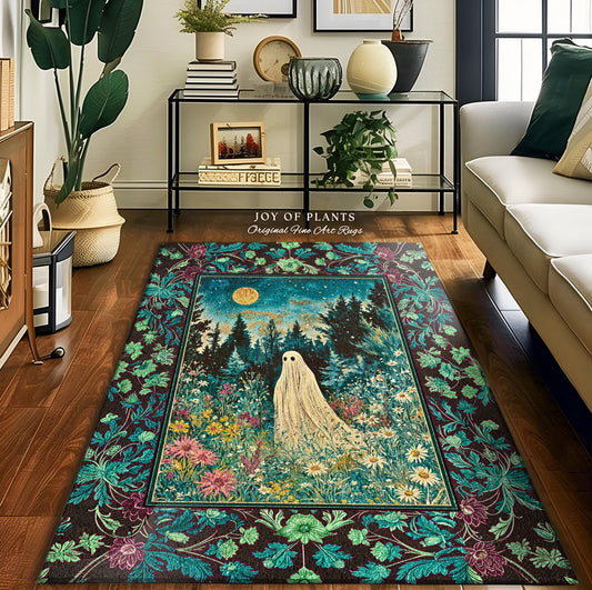 Ghostly Enchantment Wildflower Ghost Rug | Harvest Moon Celestial Magic Gothic Accent Whimsical Cozy Home Decor Botanical Witchy Moonight |