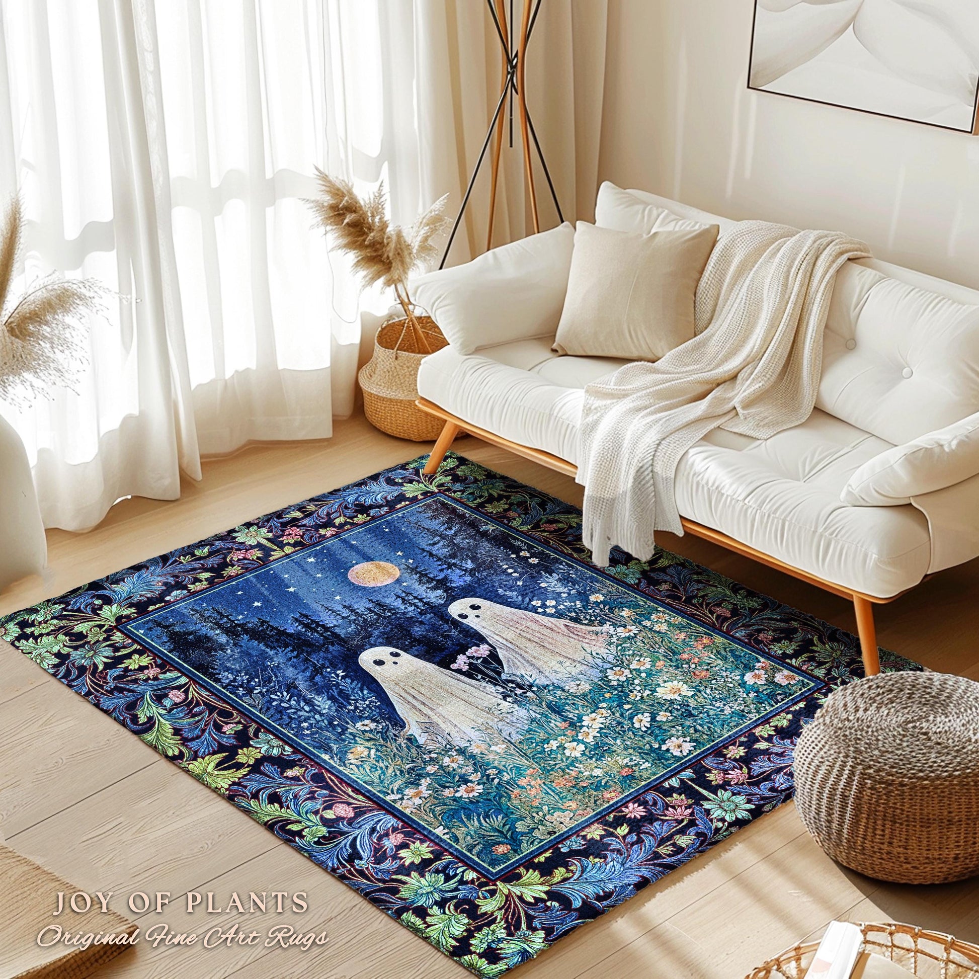 Mystic Meadow Full Moon Spirit Rug | Indigo Starry Sky Ghost Halloween Home Decor Accent Autumn Whimsical Garden Cottagecore Style Nursery