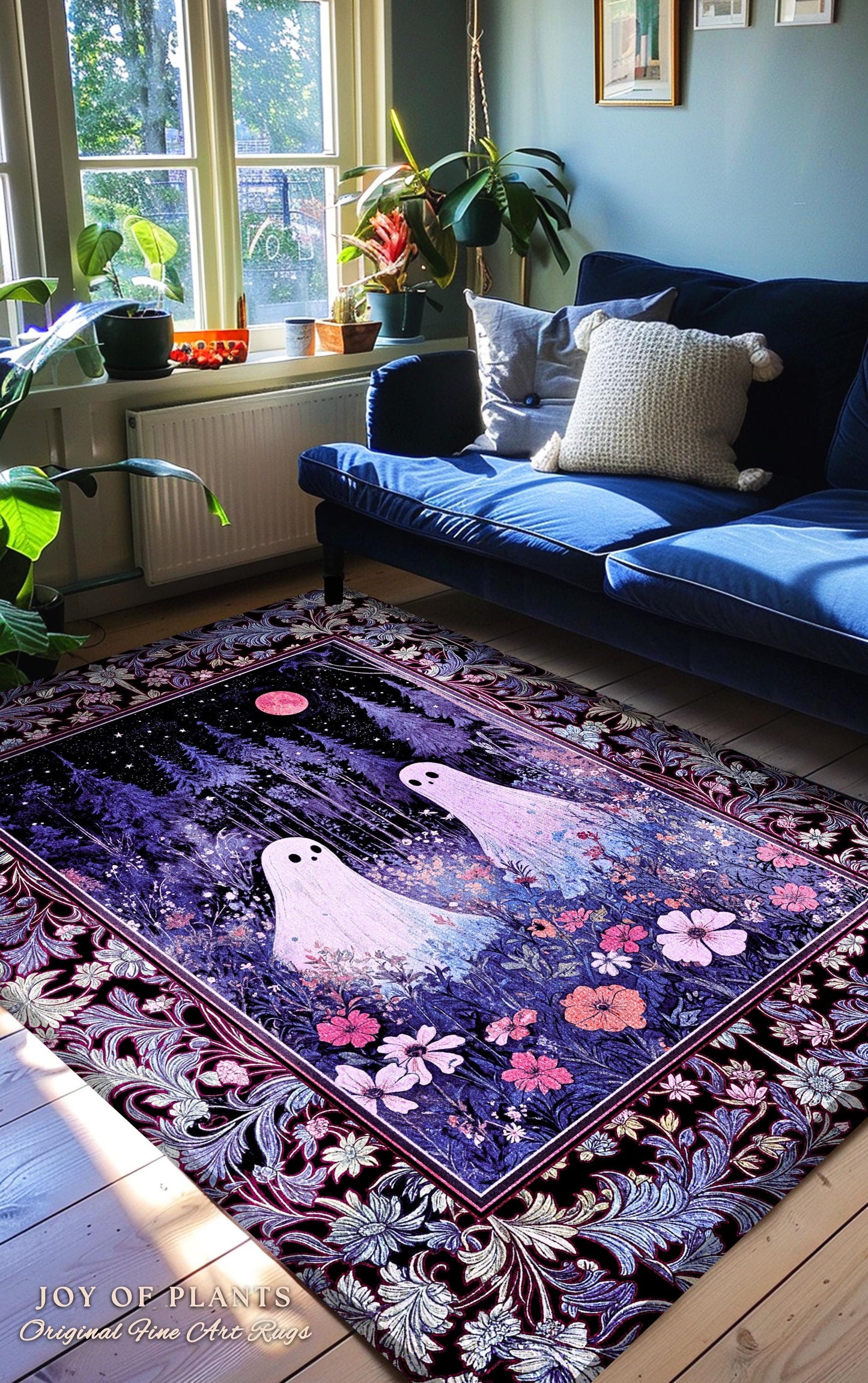 Violet Night Ethereal Ghost Area Rug | Moonlit Floral Halloween Aesthetic Gothic Pastel Ghost Home Decor Whimsigoth Cottagecore Cozy Fall |
