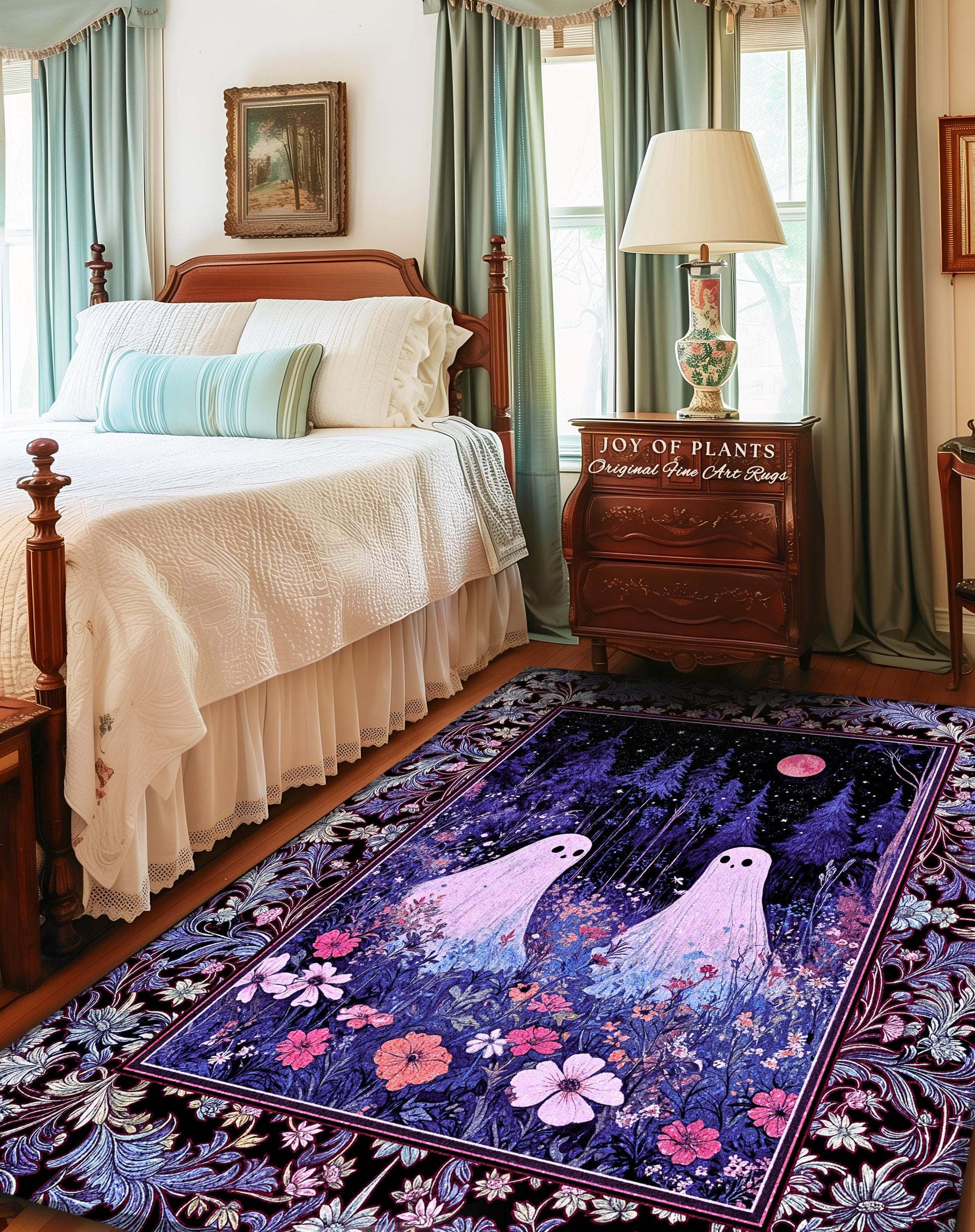 Violet Night Ethereal Ghost Area Rug | Moonlit Floral Halloween Aesthetic Gothic Pastel Ghost Home Decor Whimsigoth Cottagecore Cozy Fall |