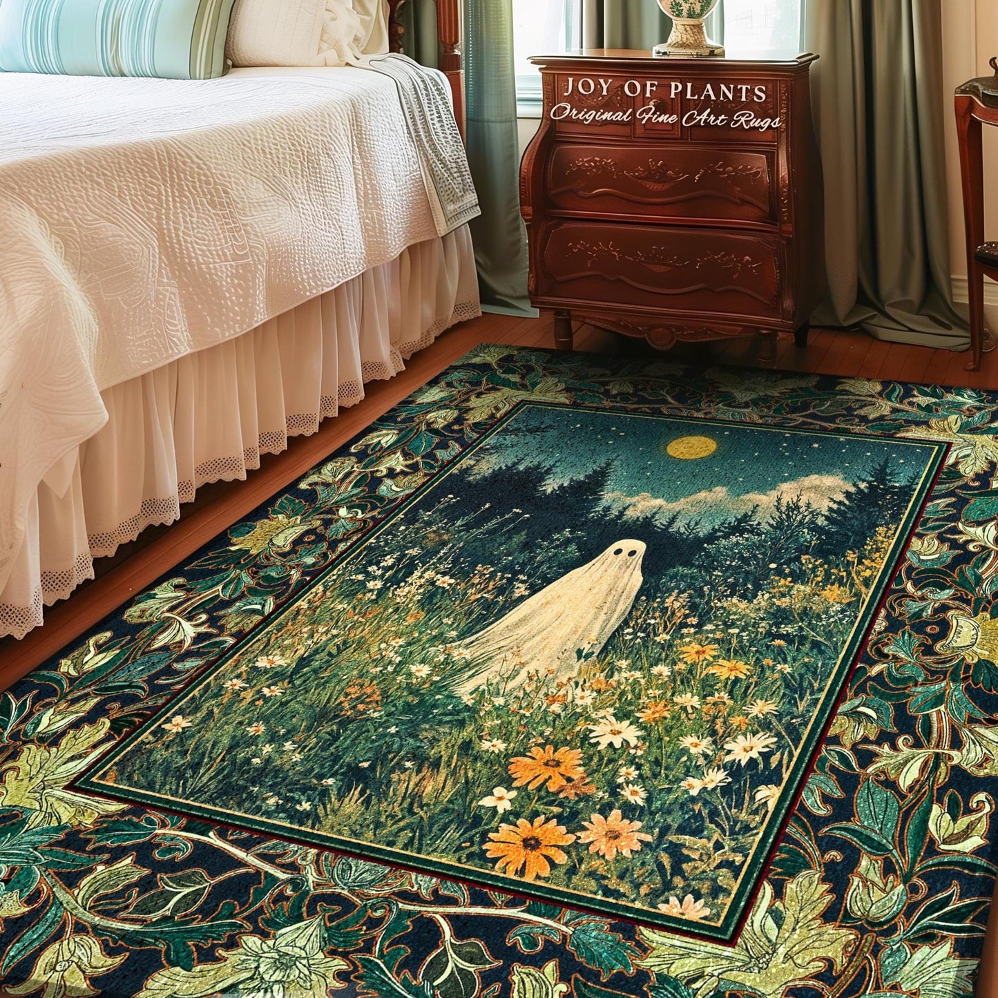 Golden Harvest Moon Ghost Rug | Spooky Vibes Halloween Aesthetic Cute Decor Wildflower Home Decor Cozy Fall Accent Whimsical Botanical Style