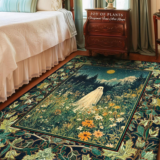 Golden Harvest Moon Ghost Rug | Spooky Vibes Halloween Aesthetic Cute Decor Wildflower Home Decor Cozy Fall Accent Whimsical Botanical Style