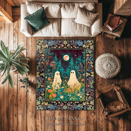 Eclectic Moonlit Wildflower Spirit Rug | Starry Sky Home Accent Ghost Halloween Decor Autumn Whimsical Floral Gothic Garden Throw Celestial