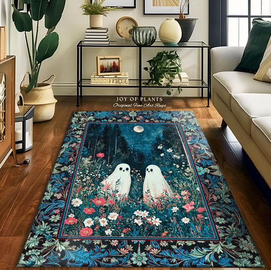 Moody Midnight Blue Ghosts Area Rug | Woven Cottagecore Halloween Floral Ghost Witchy Accent Cozy Fall Gothic Home Decor Moonlit Forest Art