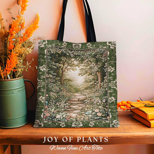 Mystic Garden Fairytale Landscape Tapestry Tote | Fairycore Woodland Nature Lover Book Nook Bag Cozy Earthy Aesthetic Whimsical Botanical |
