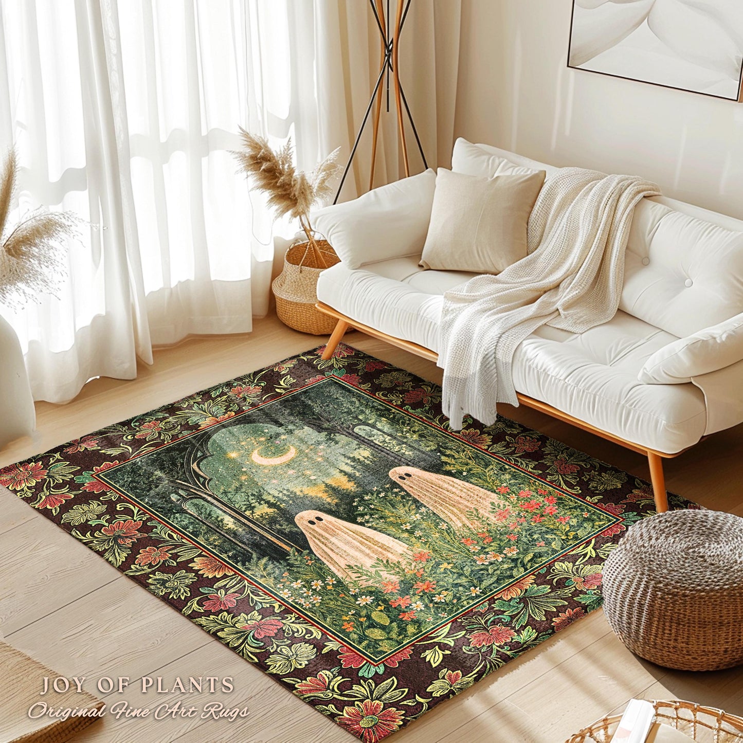 Ghost Garden Gothic Area Rug | Cottagecore Halloween Decor Crescent Moon Forest Spirit Rug Mystical Celestial Style Bedroom Witchy Accent |
